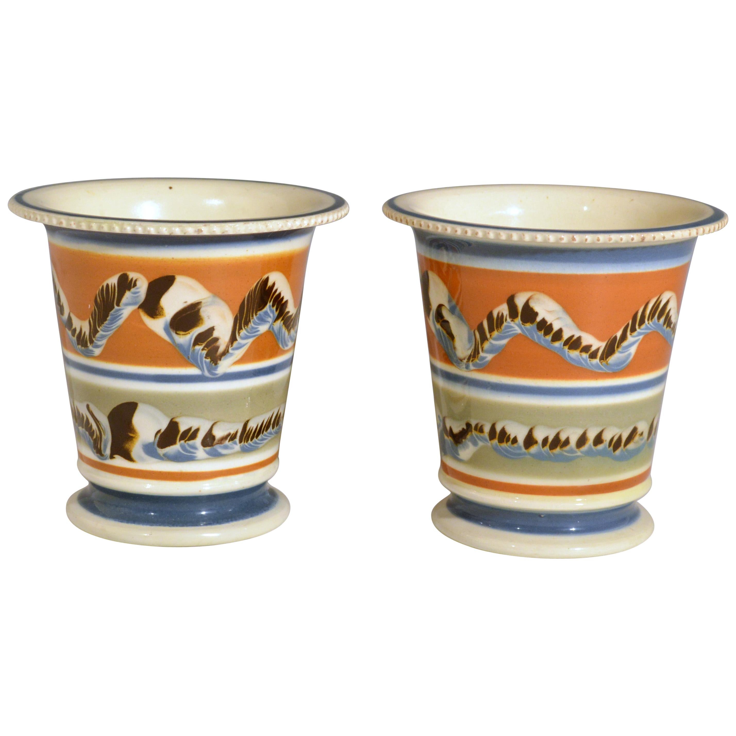 Mocha Creamware Pottery Pair of Cachepots with Earthworm Design