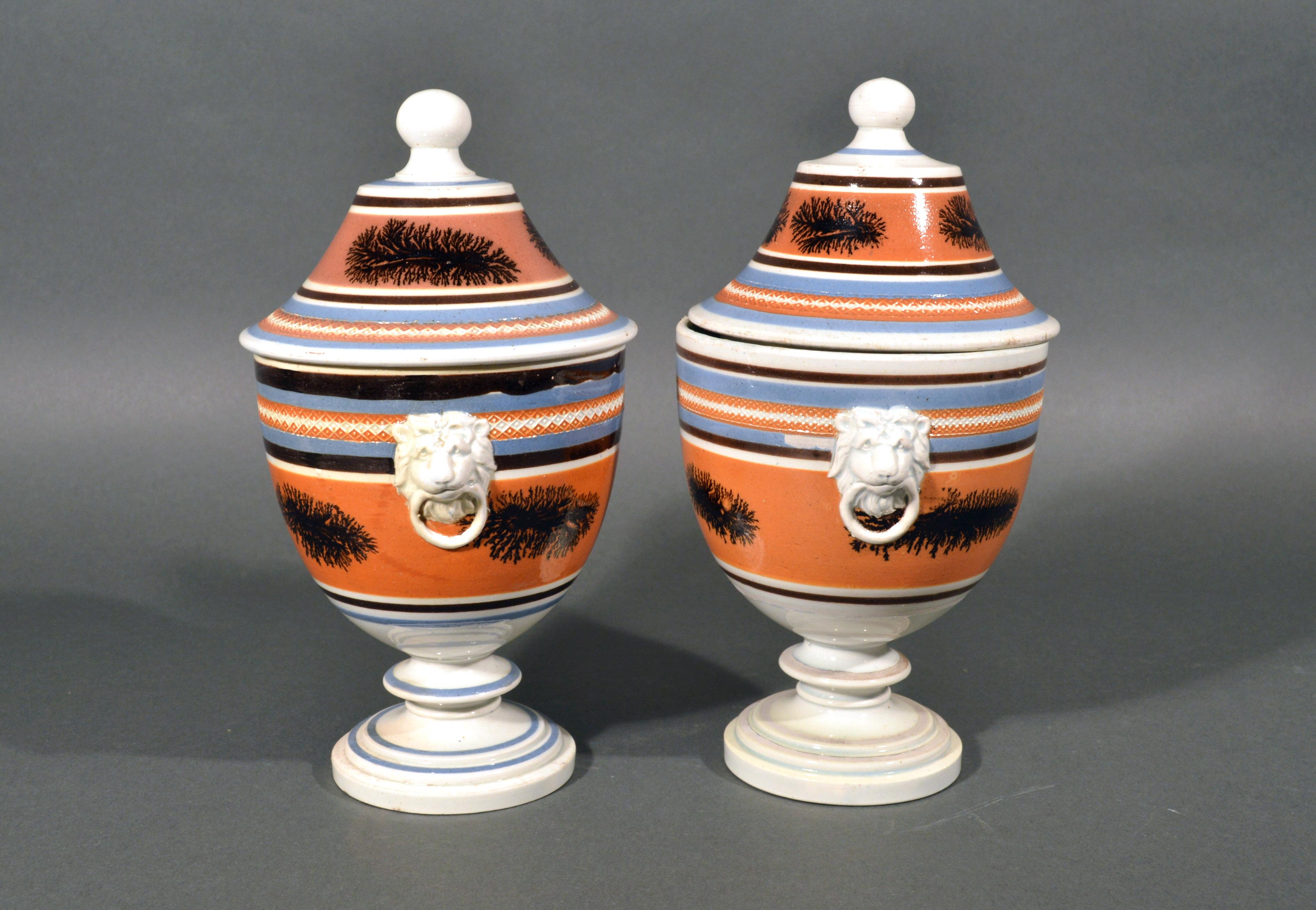 Mocha Pottery Covered Urns with Lion-Head Handles, circa 1825 In Good Condition In Downingtown, PA