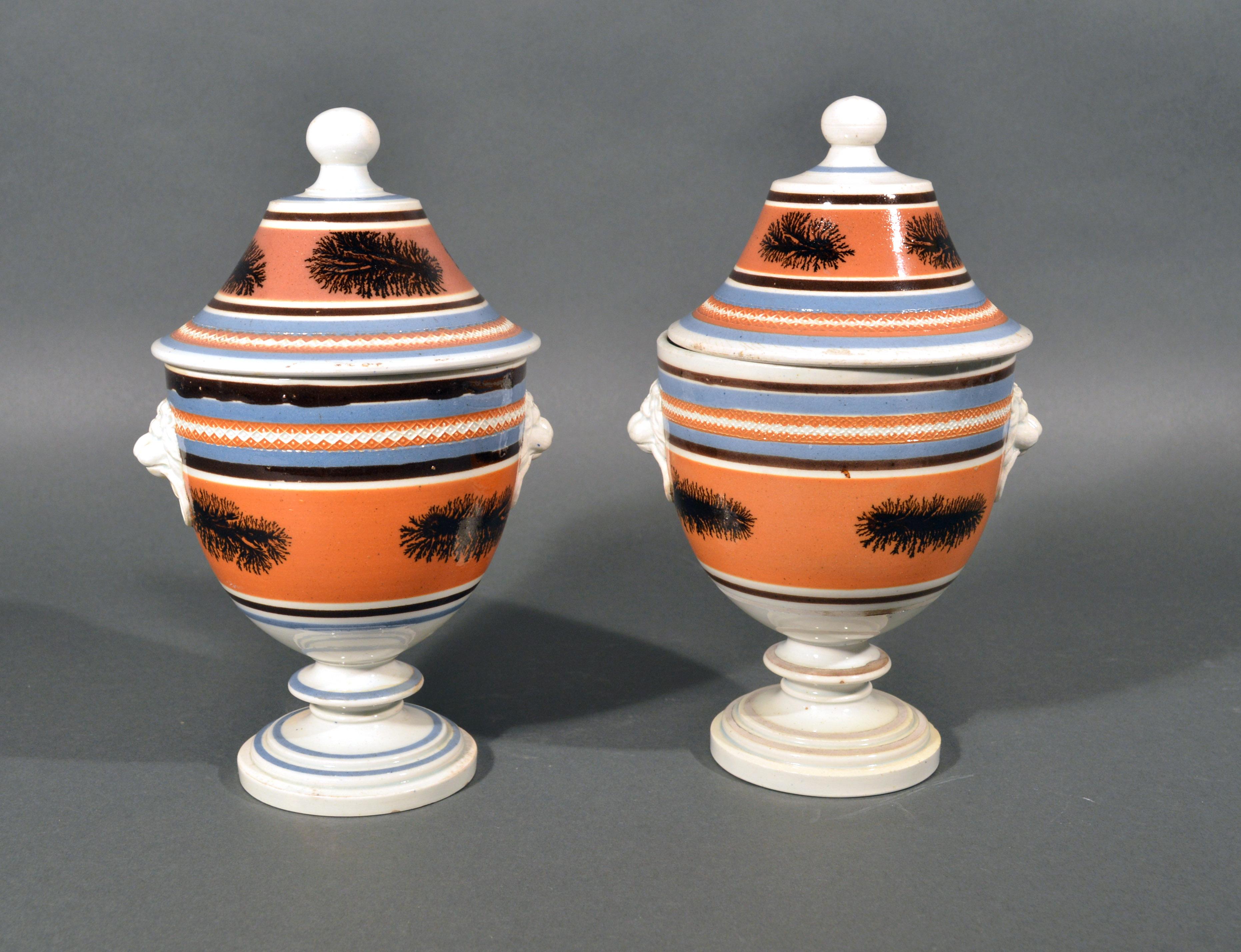 19th Century Mocha Pottery Covered Urns with Lion-Head Handles, circa 1825