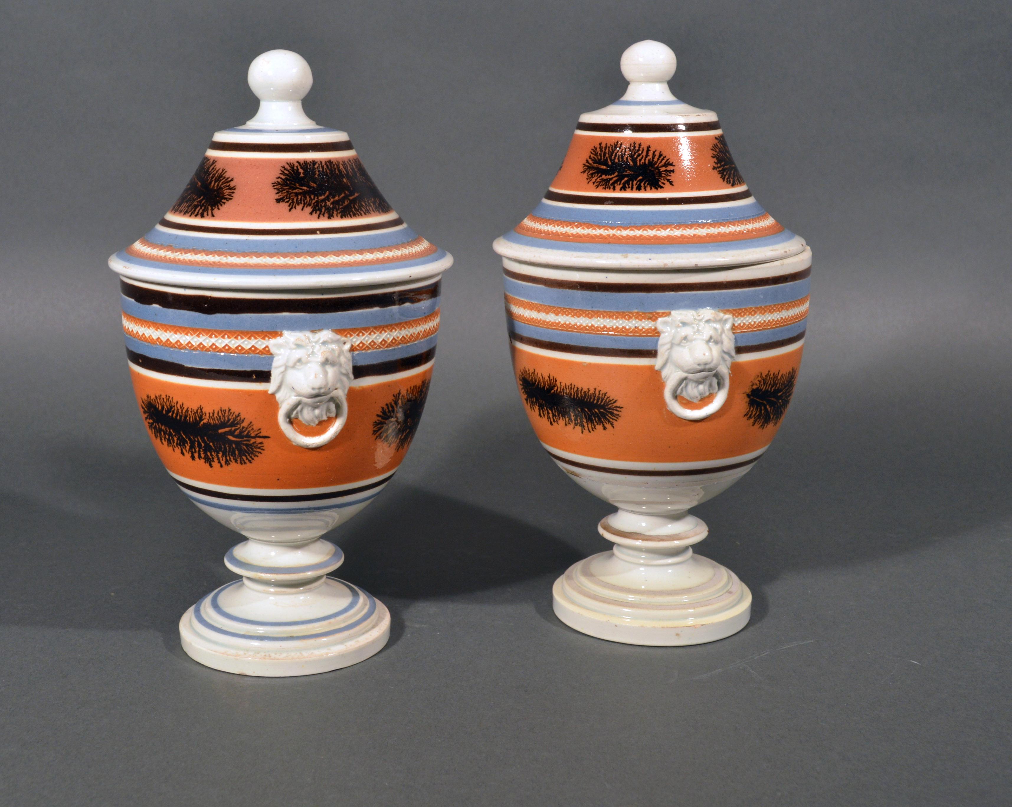 Mocha Pottery Covered Urns with Lion-Head Handles, circa 1825 1