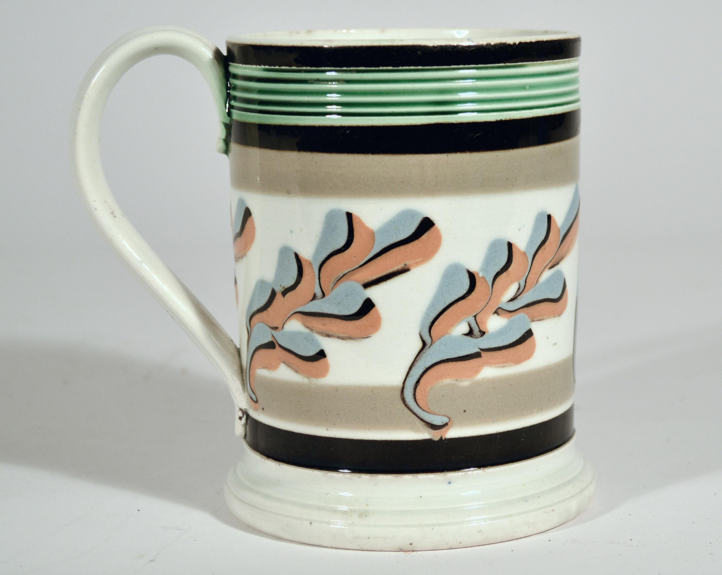 English Mocha Pottery Mug with Oak Leaf Decoration, Circa 1800