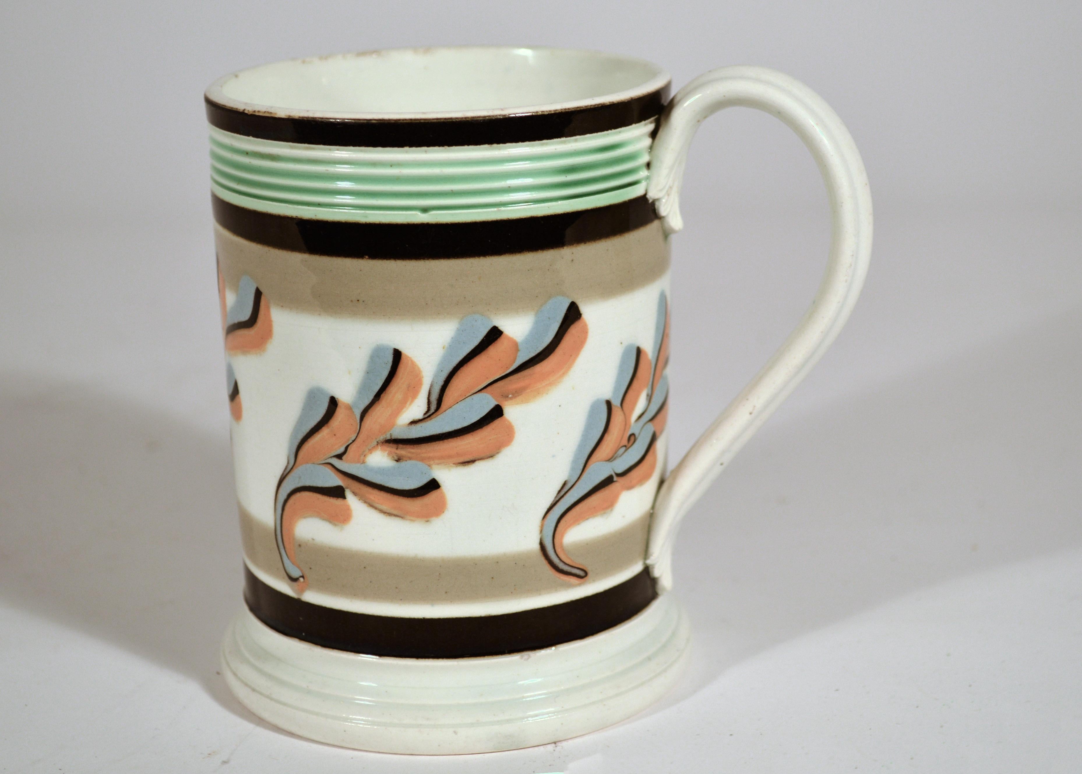19th Century Mocha Pottery Mug with Oak Leaf Decoration, Circa 1800