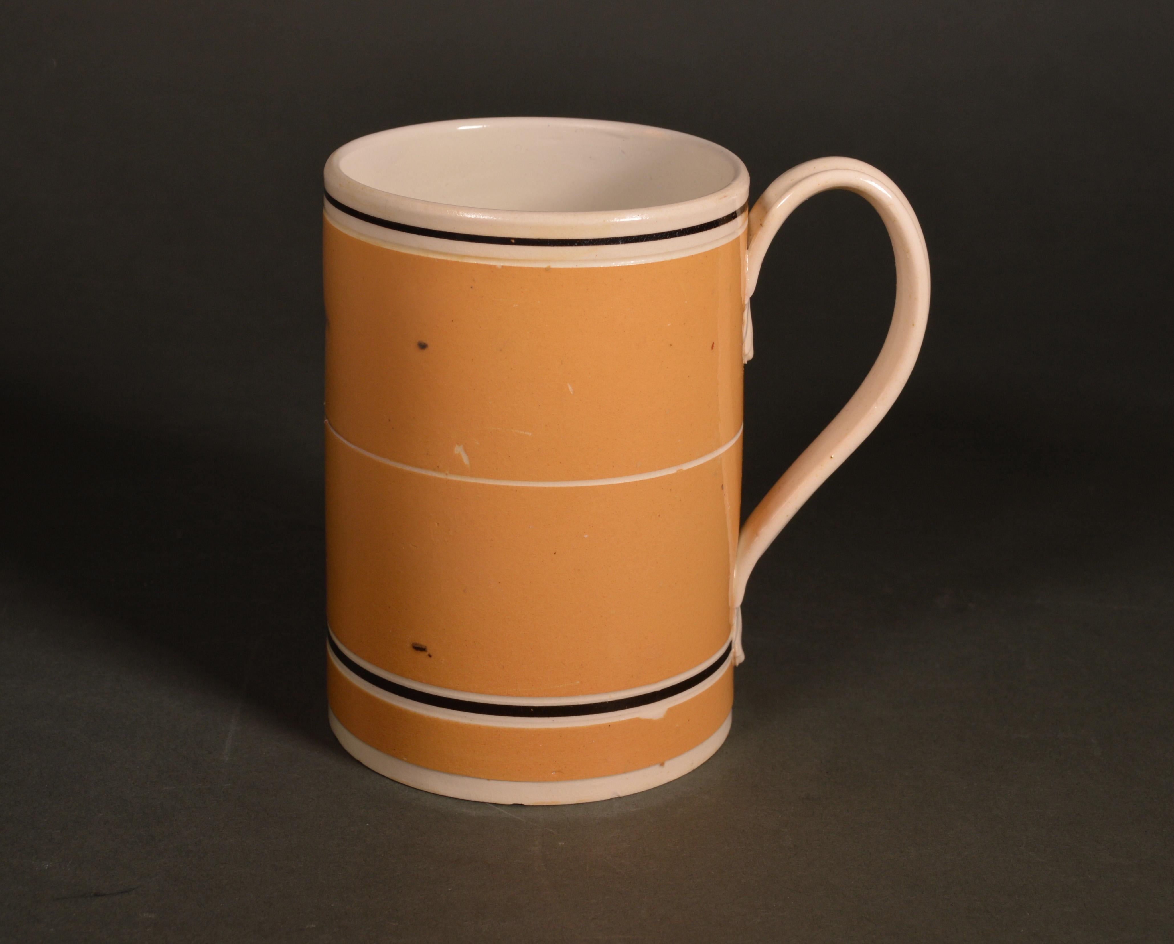 Folk Art 18th-Century Mocha Pottery Mug with Ochre Slip Ground For Sale