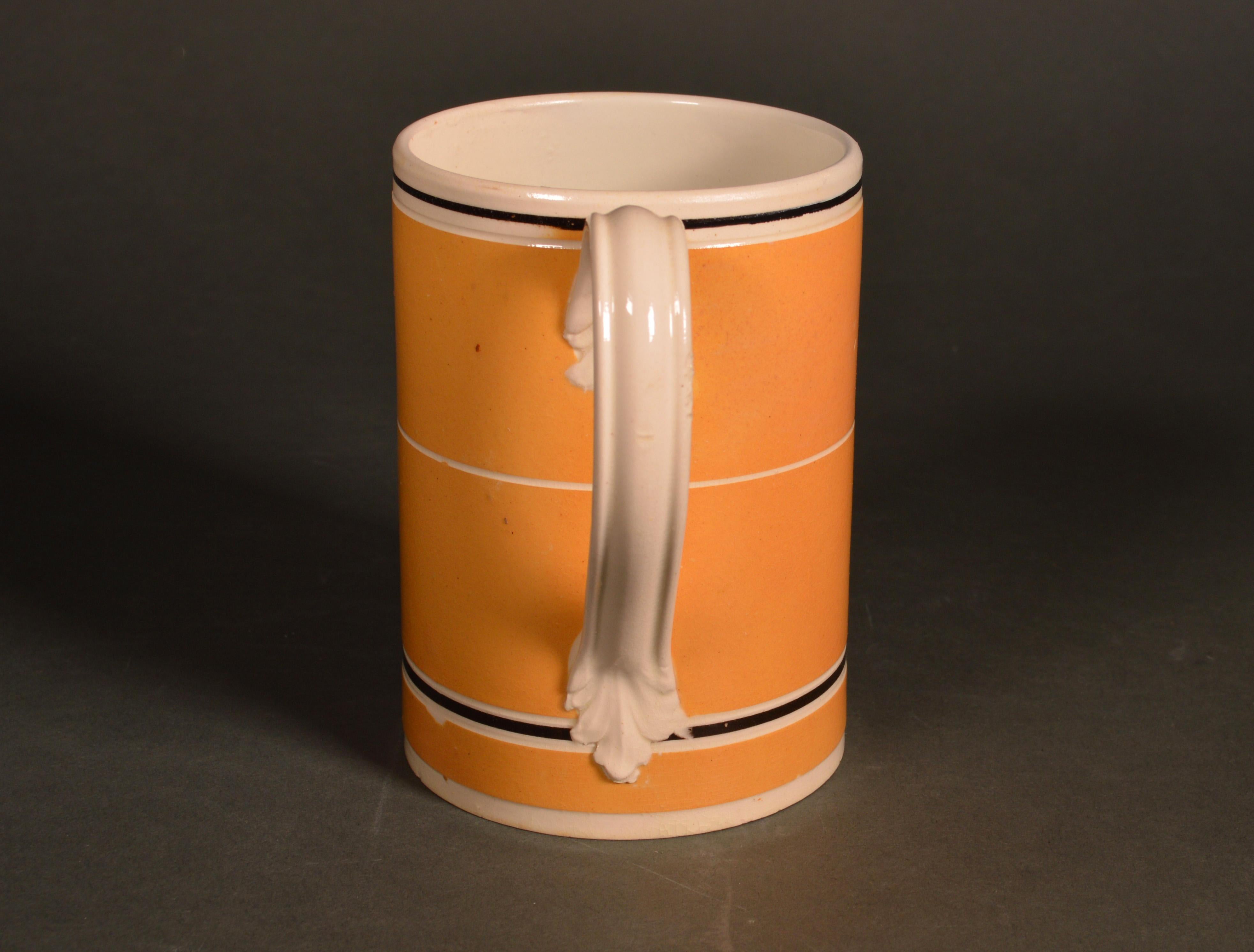 English 18th-Century Mocha Pottery Mug with Ochre Slip Ground For Sale