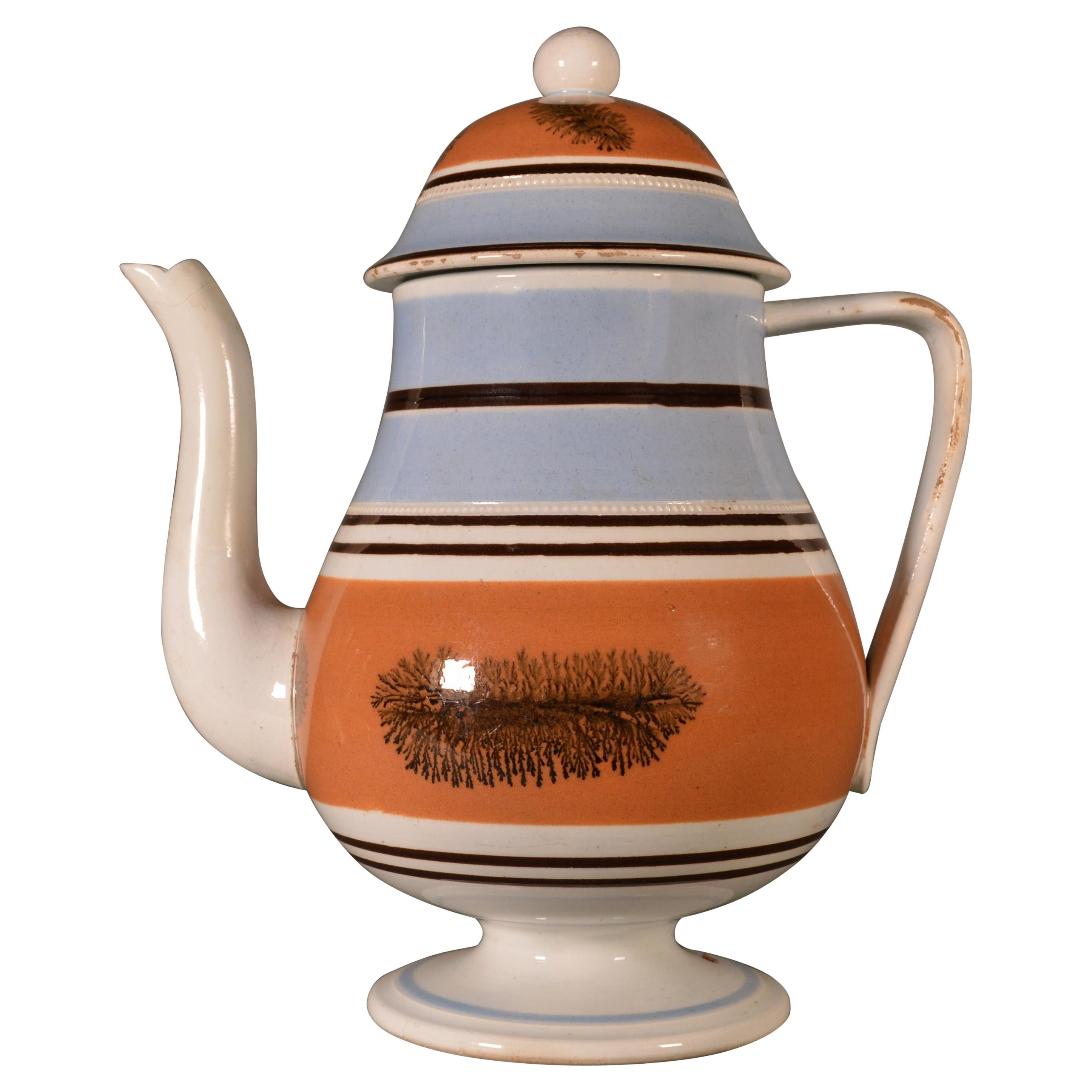Mocha Seaweed Pottery Pearlware Coffeepot, circa 1800-1830