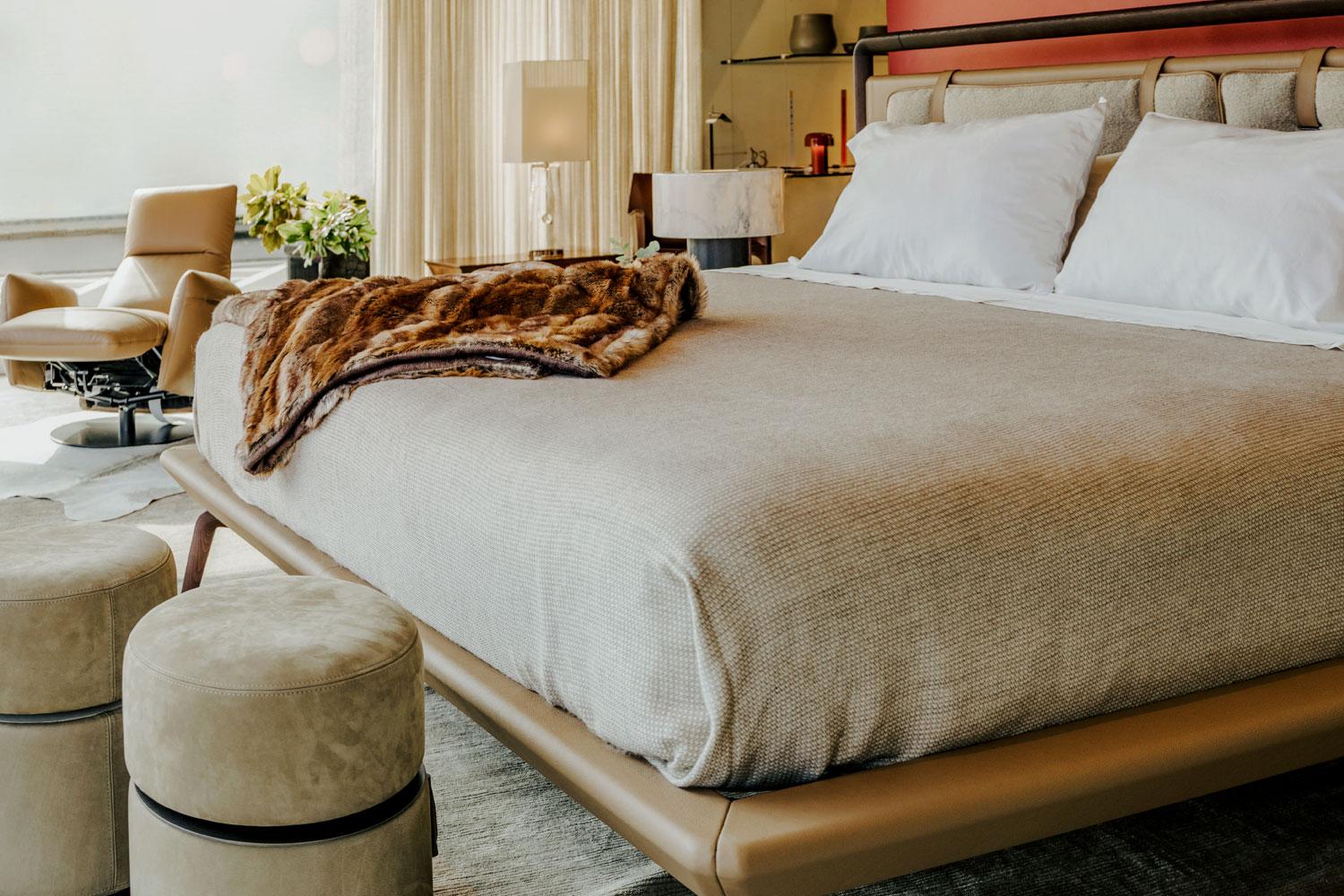 Mocha Stained Wood Frame, Camel Leather Headboard King Size Bed