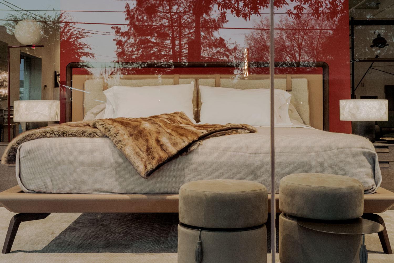 Mocha Stained Wood Frame, Camel Leather Headboard King Size Bed, Poltrona Frau For Sale at