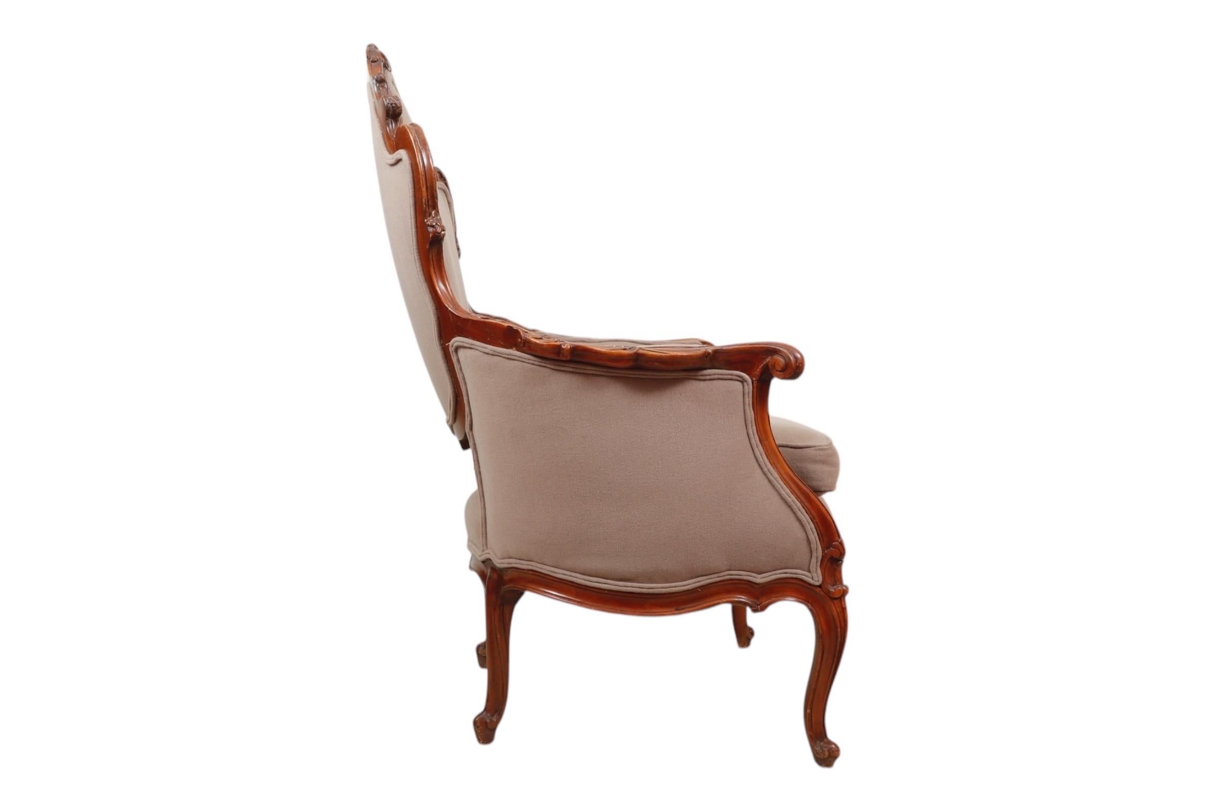 French Provincial Mocha Upholstered Antique Rococo Bergere Armchair For Sale