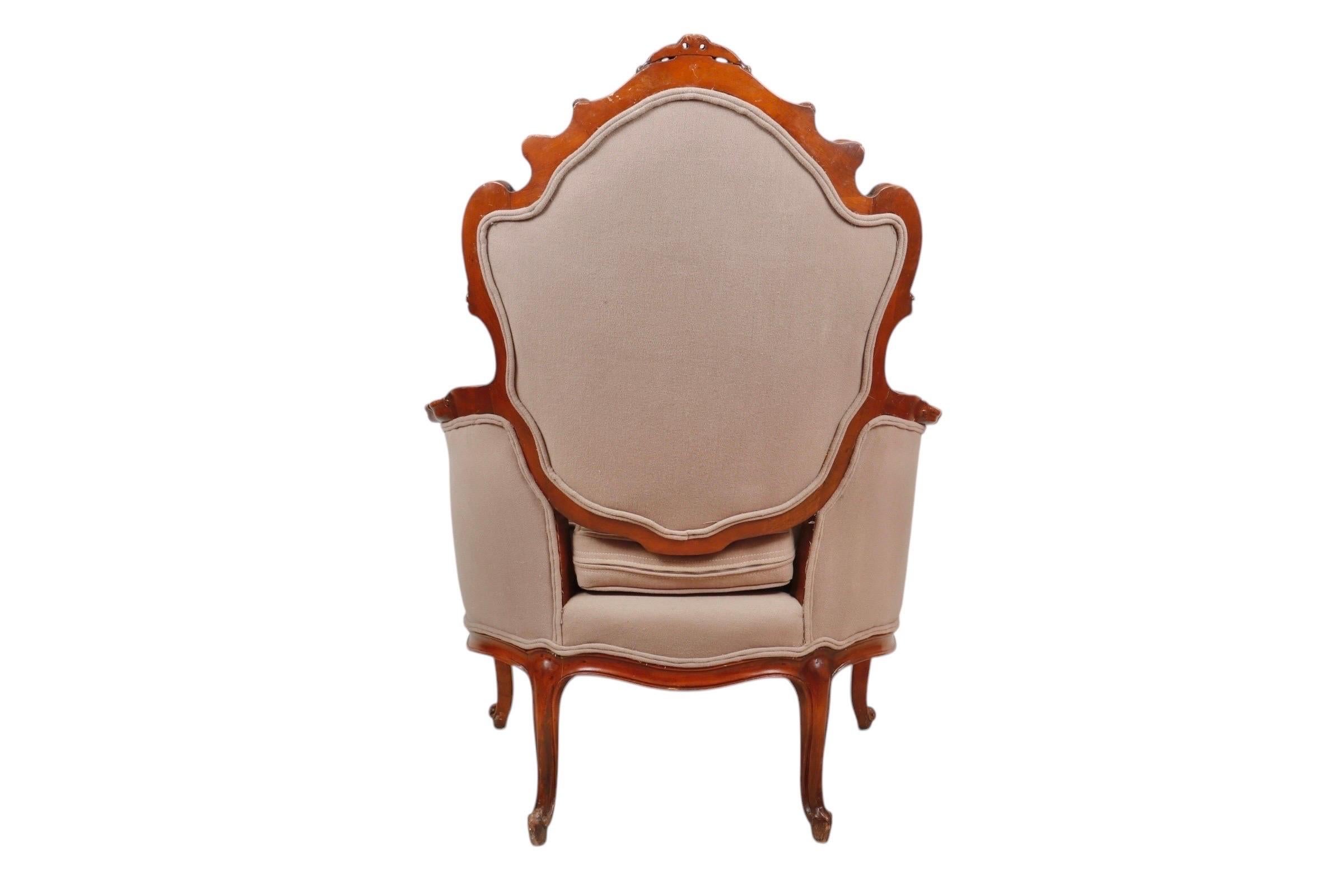 Mocha Upholstered Antique Rococo Bergere Armchair In Good Condition For Sale In Bradenton, FL