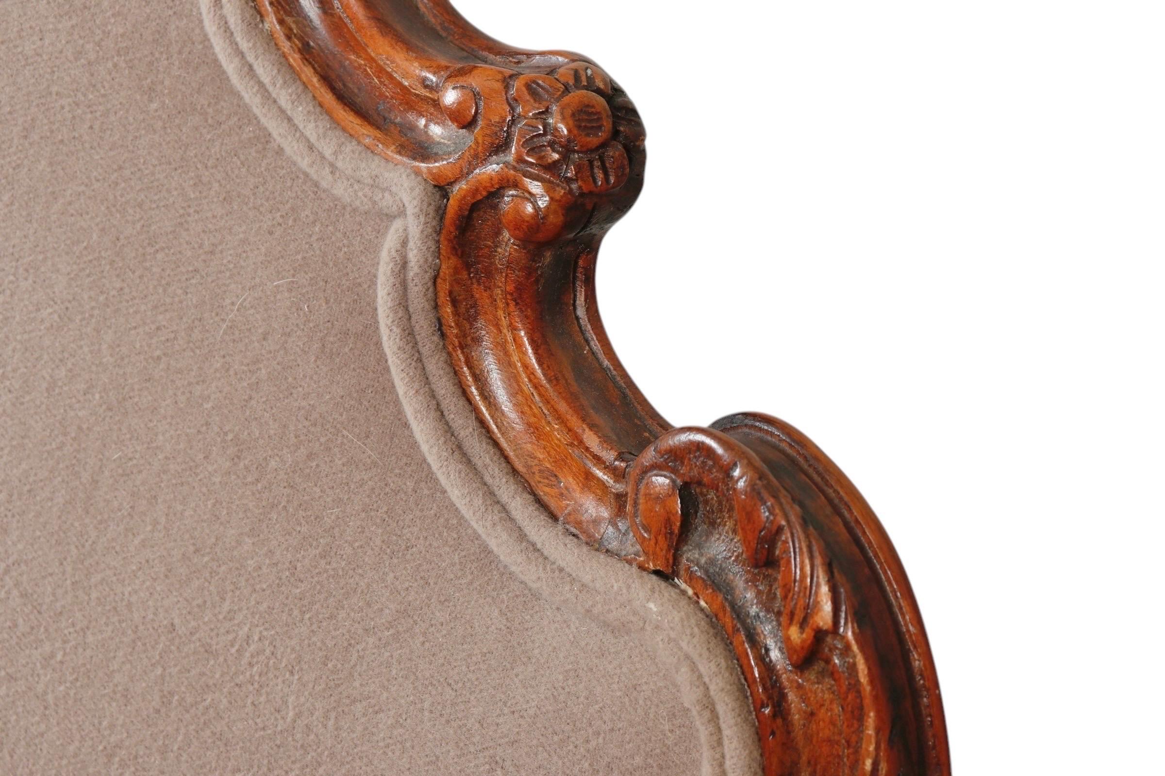 Fabric Mocha Upholstered Antique Rococo Bergere Armchair For Sale