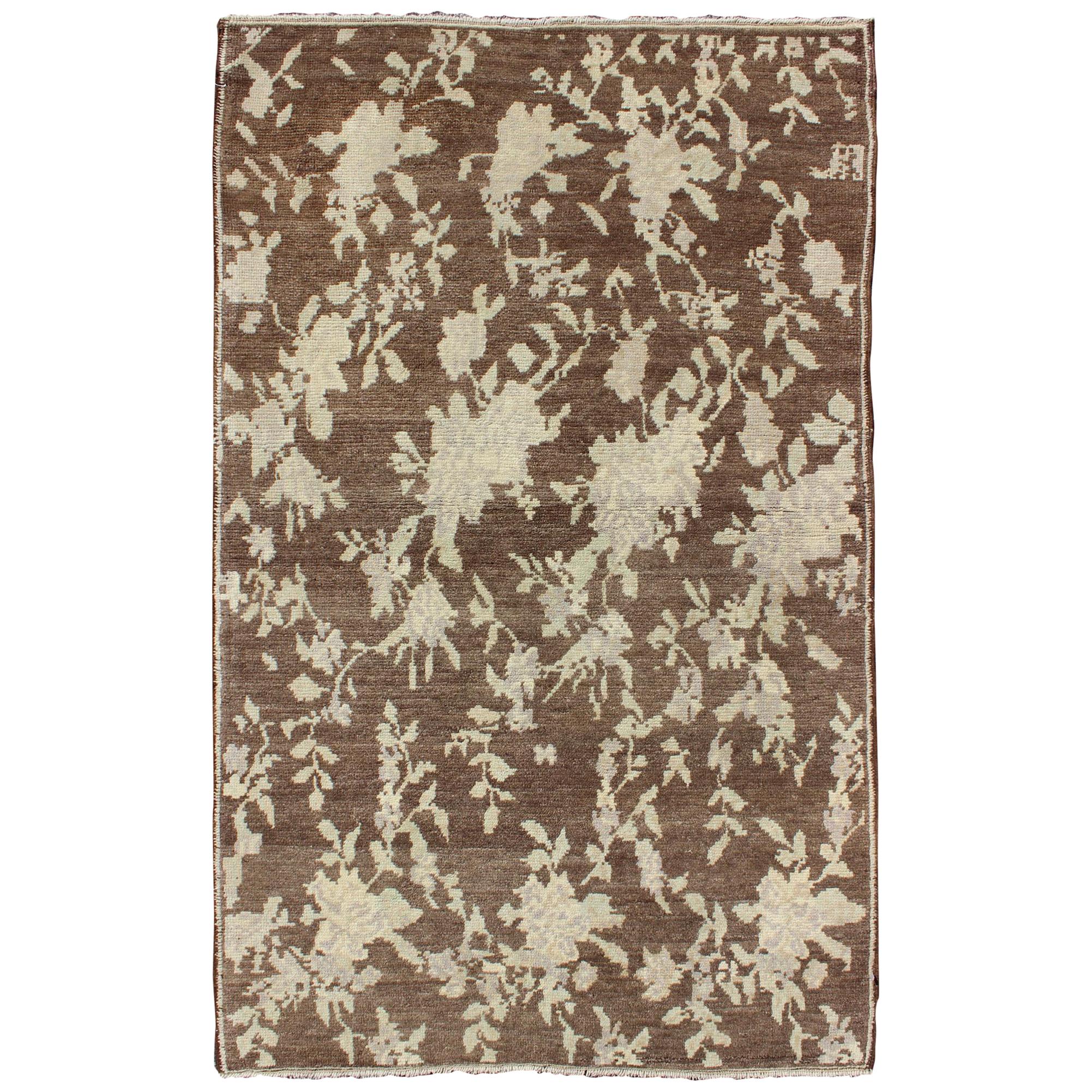 Mocha Vintage Turkish Oushak Rug with Free-Flowing Green & Cream Flower Blossoms