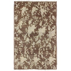 Mocha Vintage Turkish Oushak Rug with Free-Flowing Green & Cream Flower Blossoms