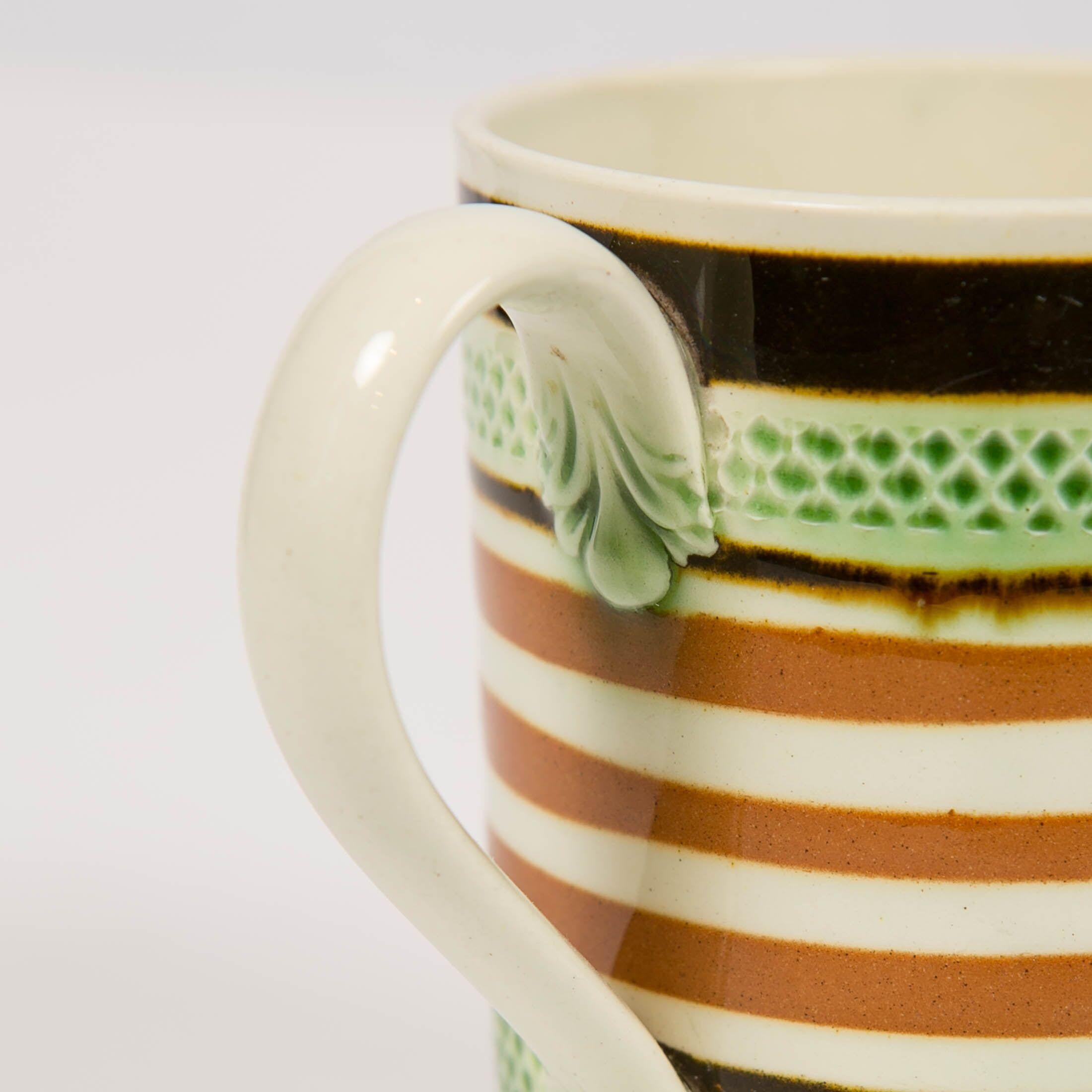 Folk Art Mochaware Mug Banded with Green Glaze and Brown Slip, England, circa 1810