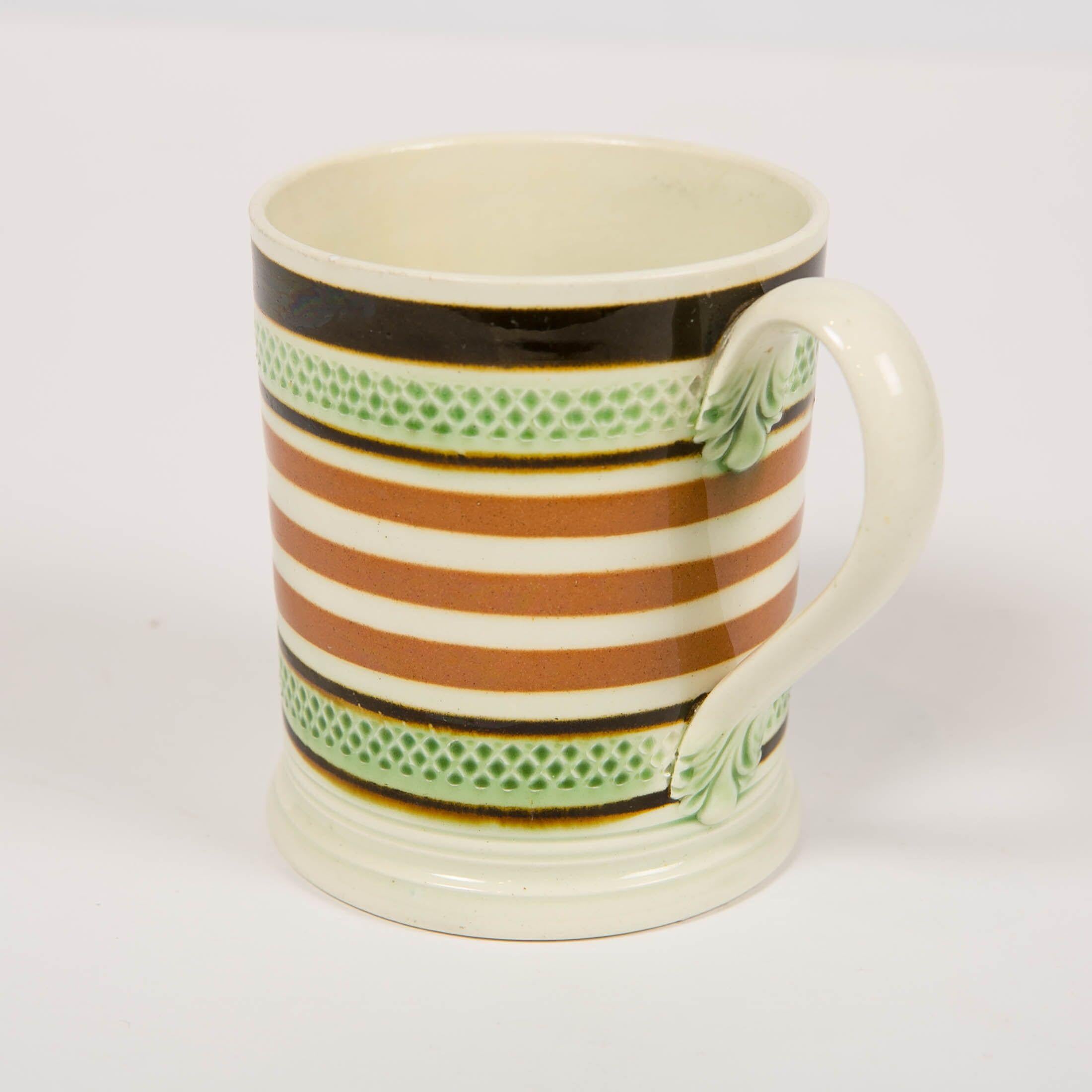 Glazed Mochaware Mug Banded with Green Glaze and Brown Slip, England, circa 1810