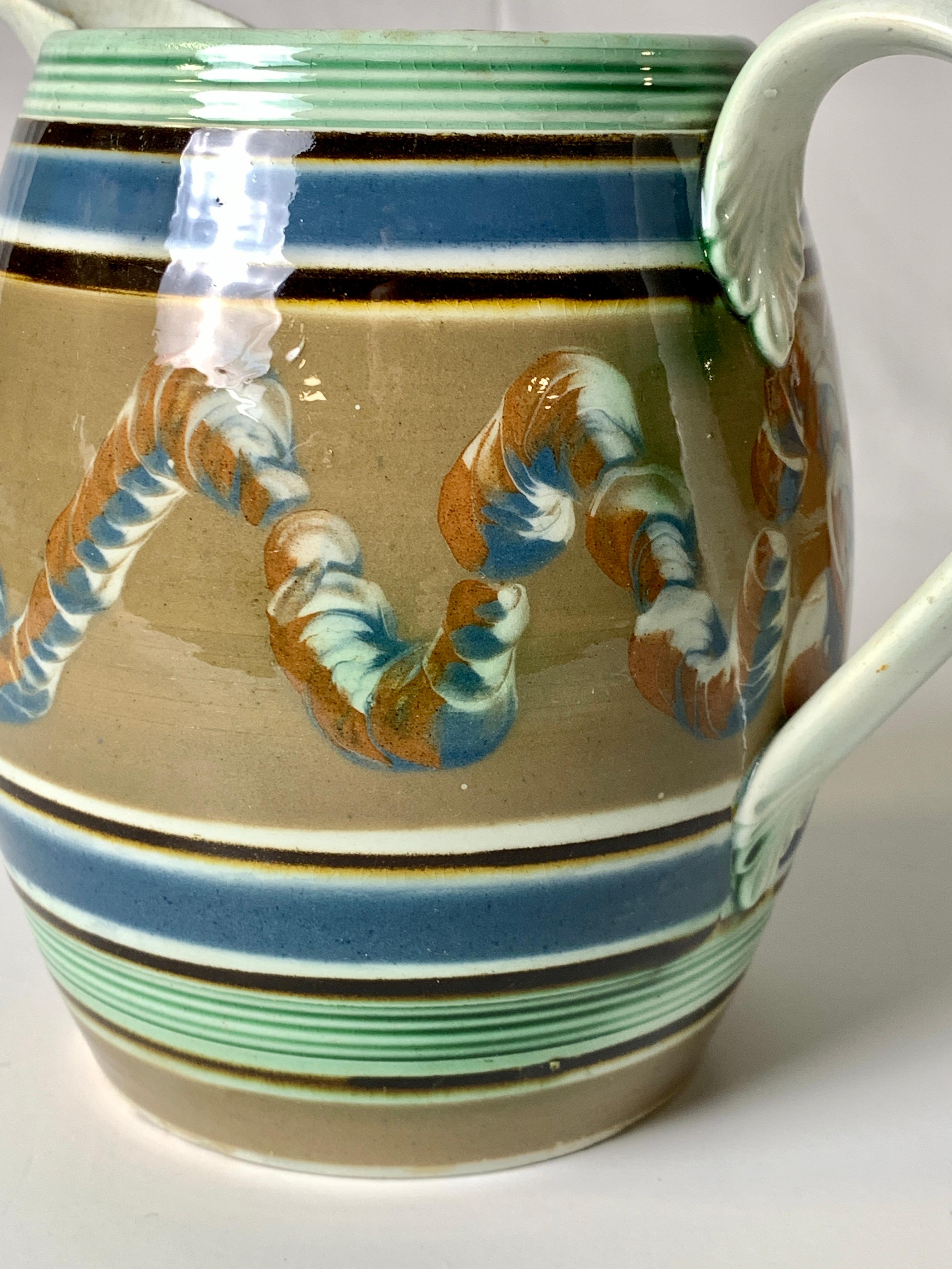 English Mochaware Pitcher Decorated with Soft Blue Green & Brown Made England, c- 1820