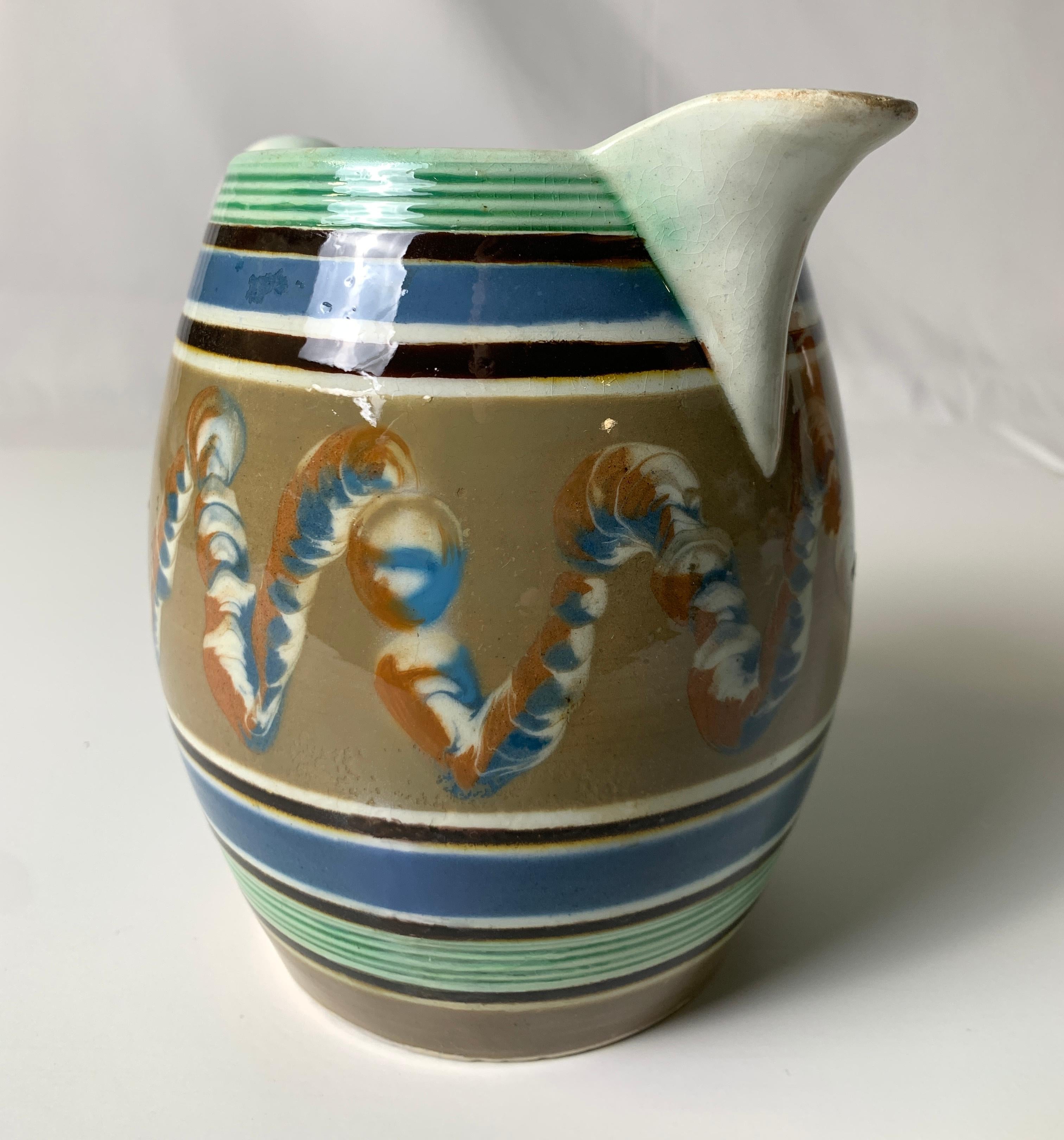 Mochaware Pitcher Decorated with Soft Blue Green & Brown Made England, c- 1820 In Fair Condition In Katonah, NY