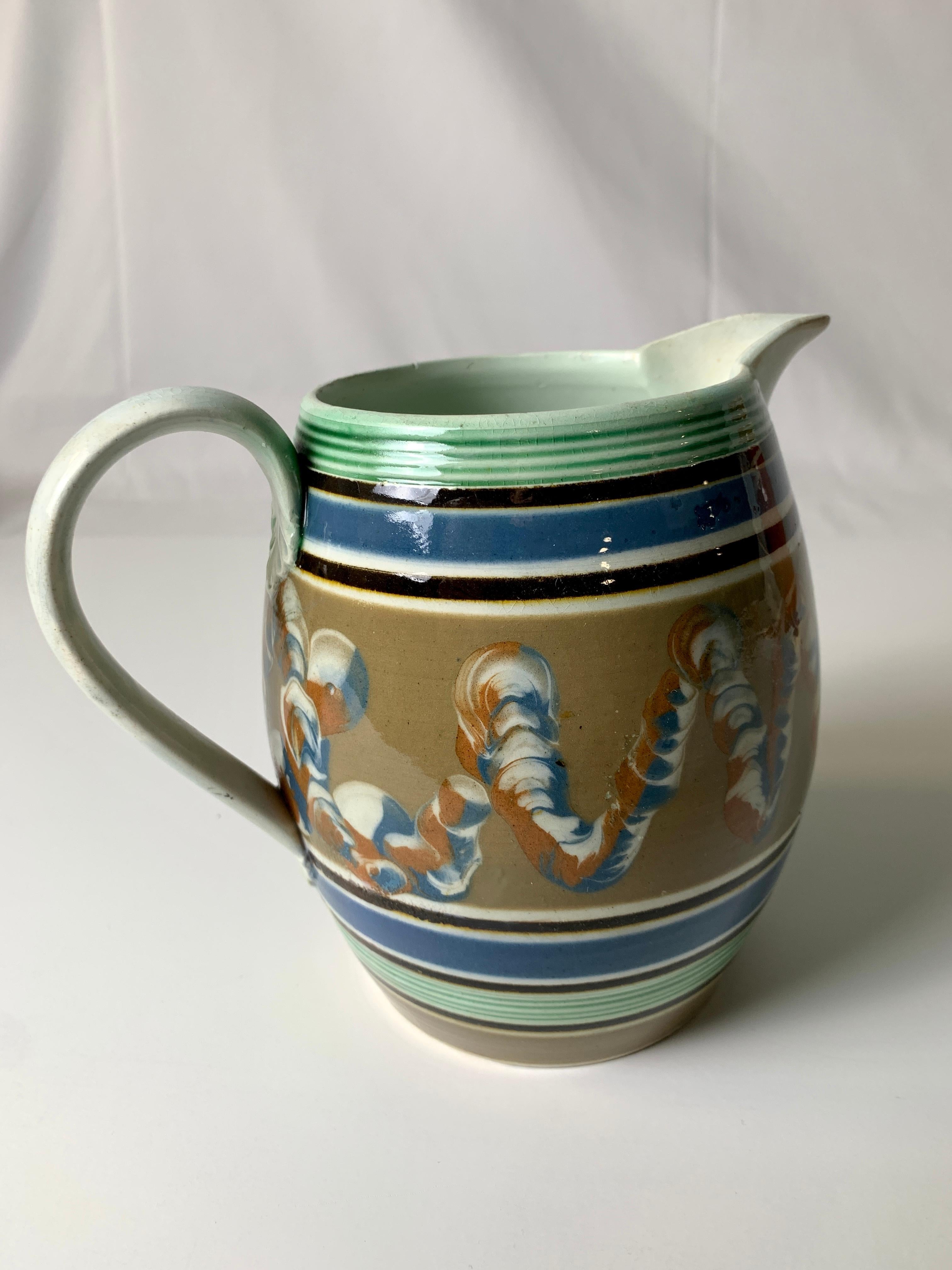 19th Century Mochaware Pitcher Decorated with Soft Blue Green & Brown Made England, c- 1820
