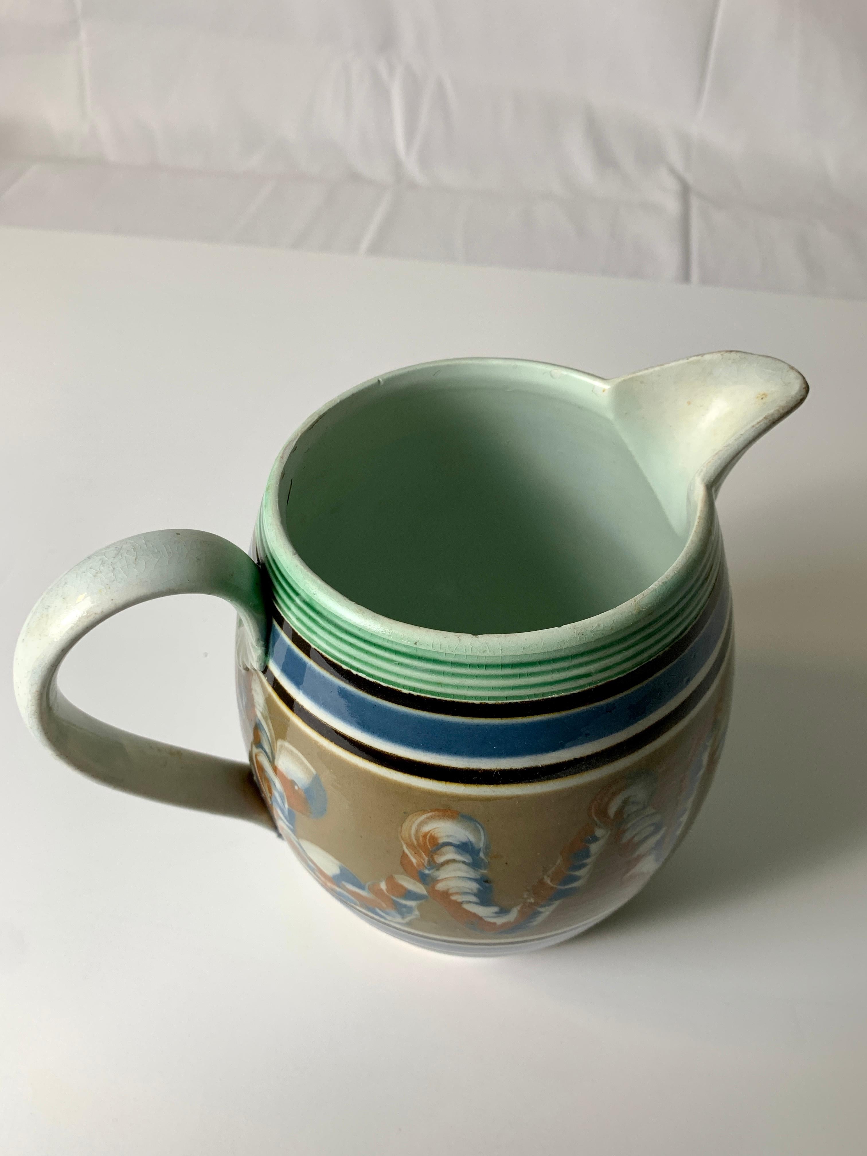 Earthenware Mochaware Pitcher Decorated with Soft Blue Green & Brown Made England, c- 1820