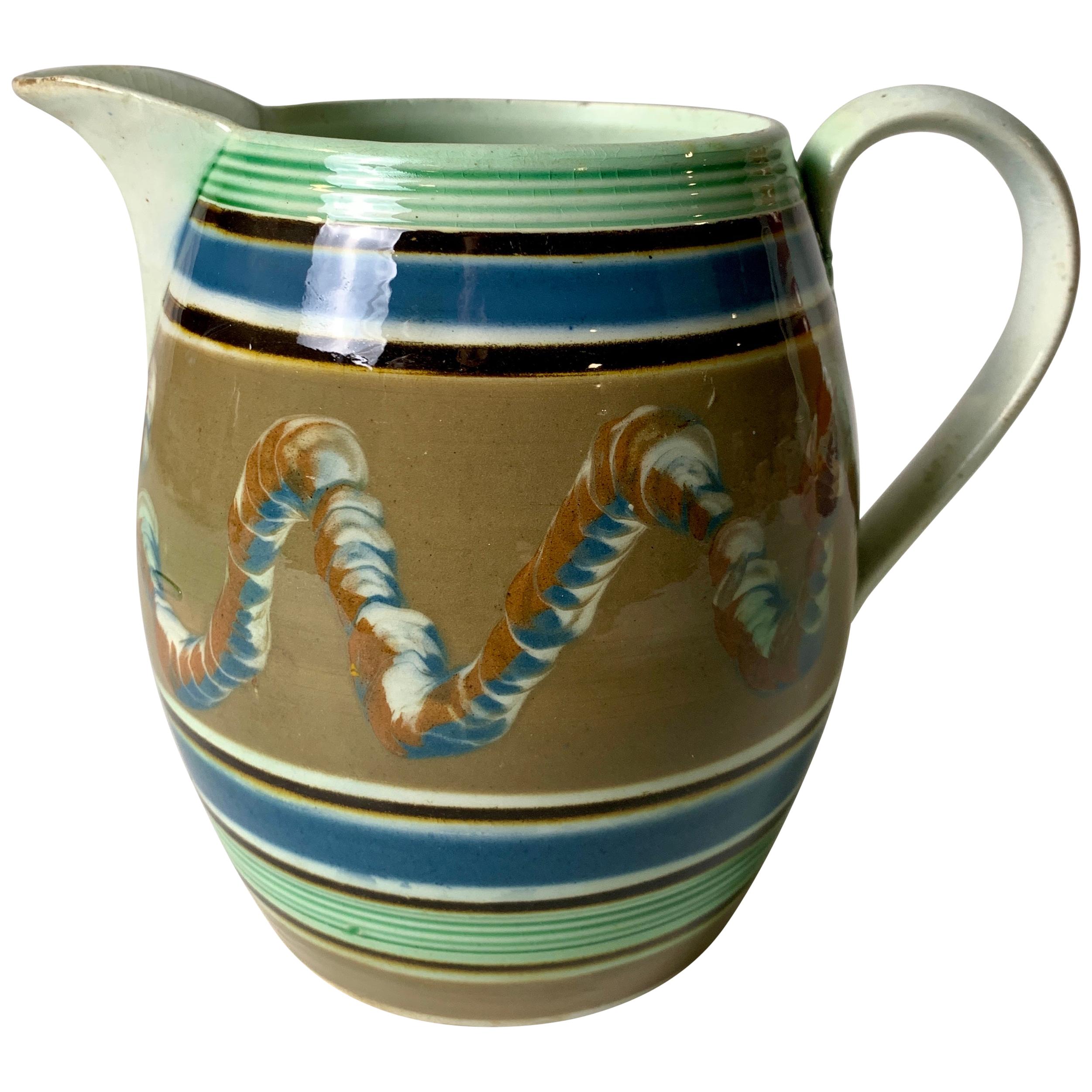 Mochaware Pitcher Decorated with Soft Blue Green & Brown Made England, c- 1820