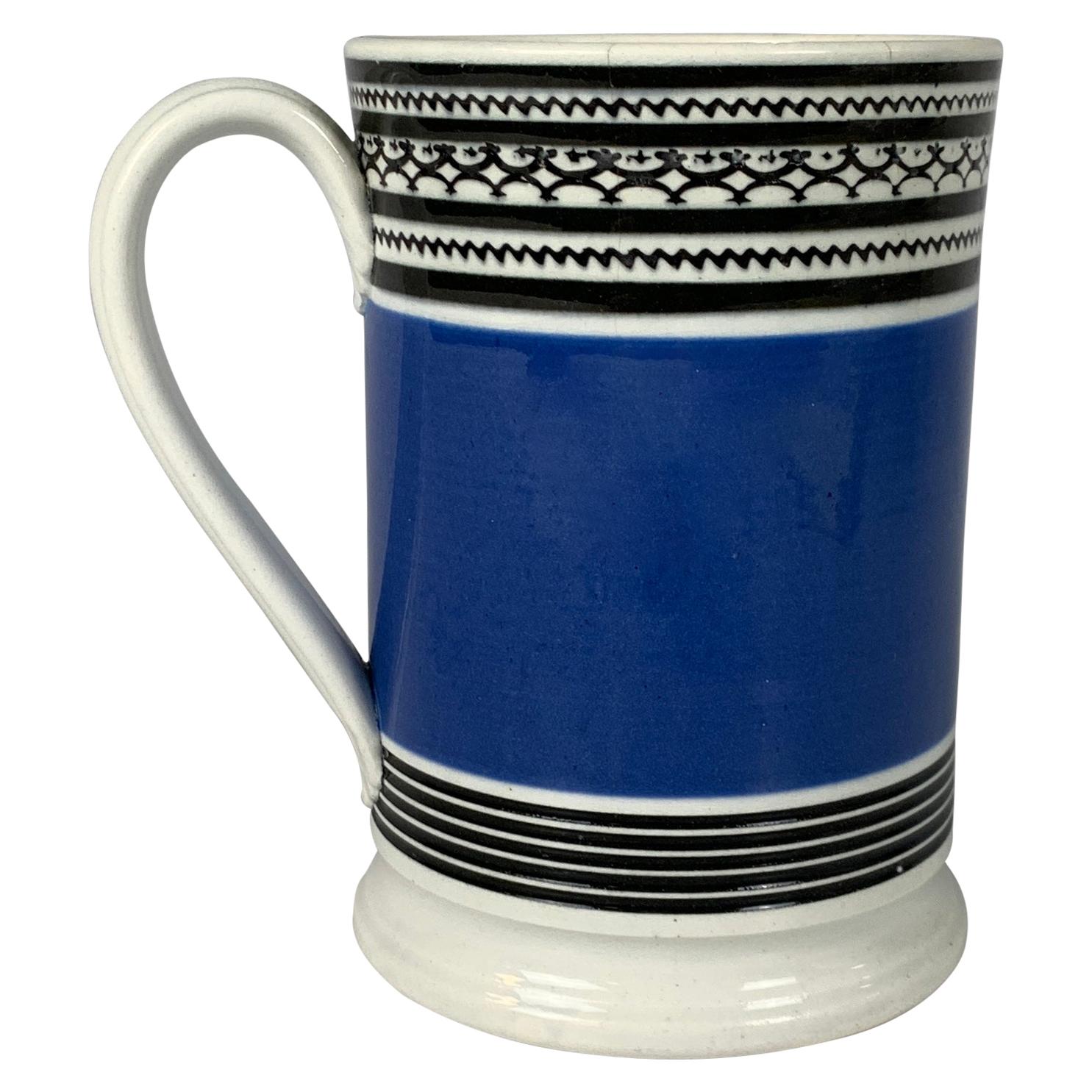 Mochaware Mug with Royal Blue Slip and Black Geometric Designs Made England