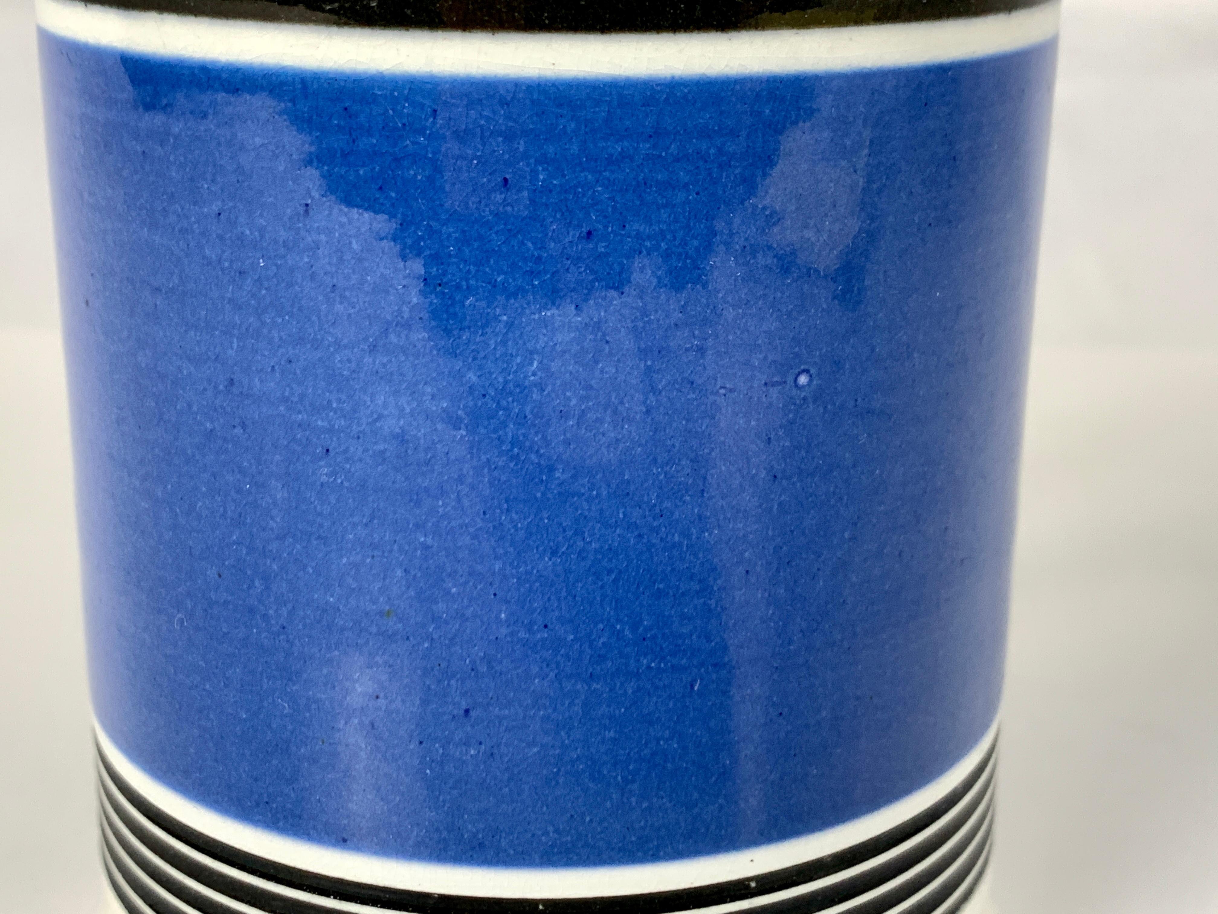 Country Mochaware Mug with Royal Blue Slip and Black Geometric Designs Made England