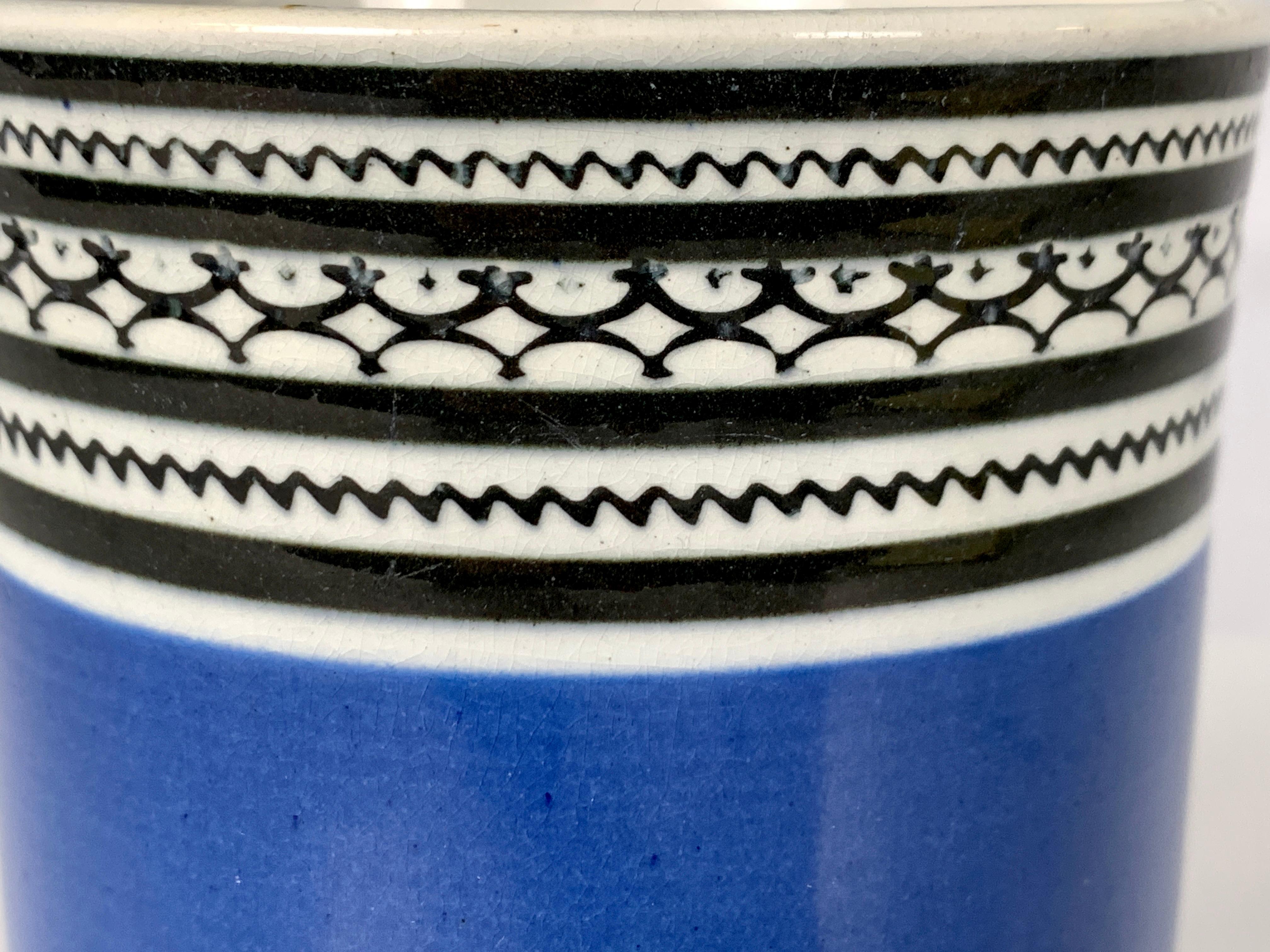 English Mochaware Mug with Royal Blue Slip and Black Geometric Designs Made England