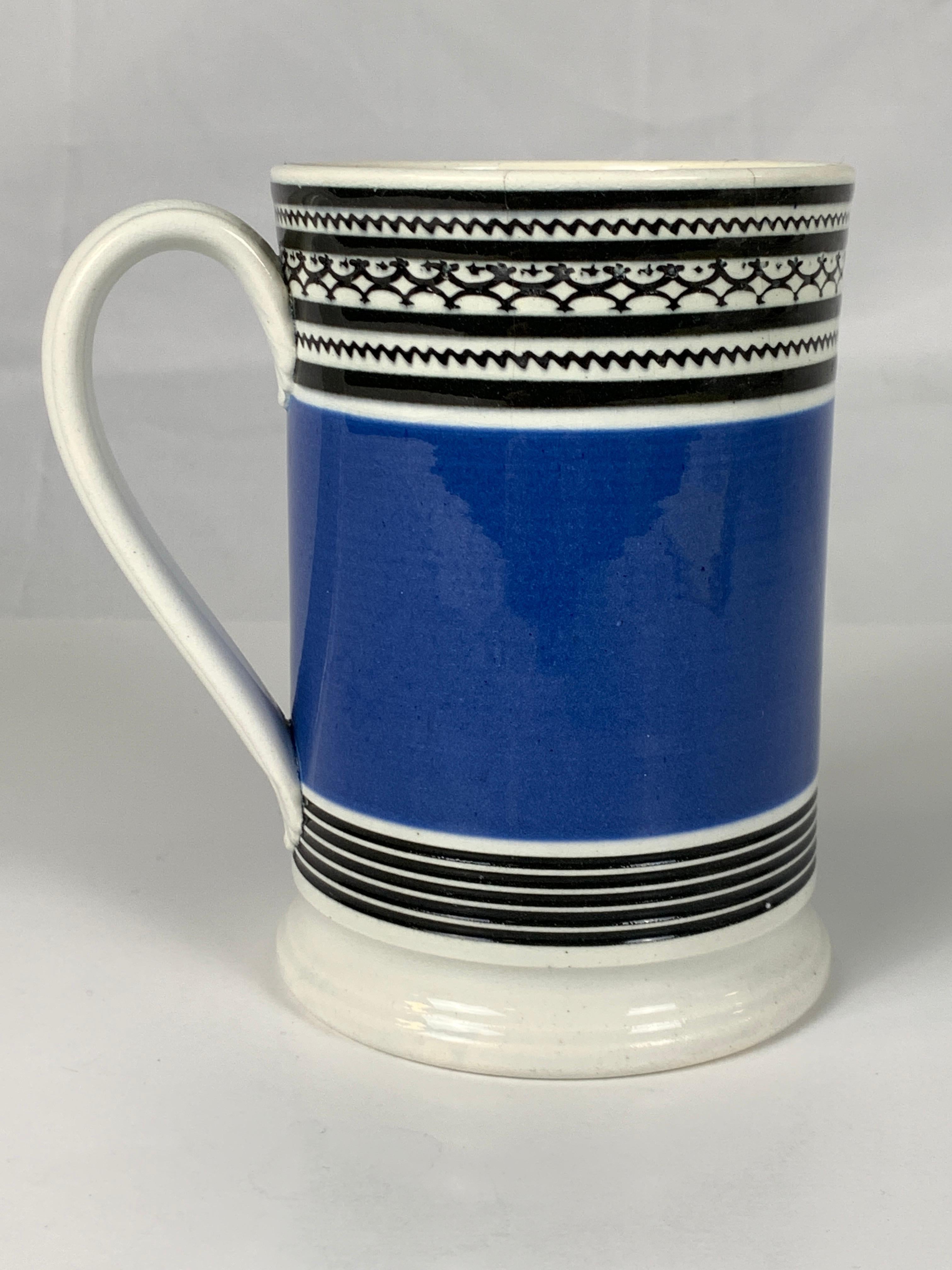 Mochaware Mug with Royal Blue Slip and Black Geometric Designs Made England In Good Condition In Katonah, NY