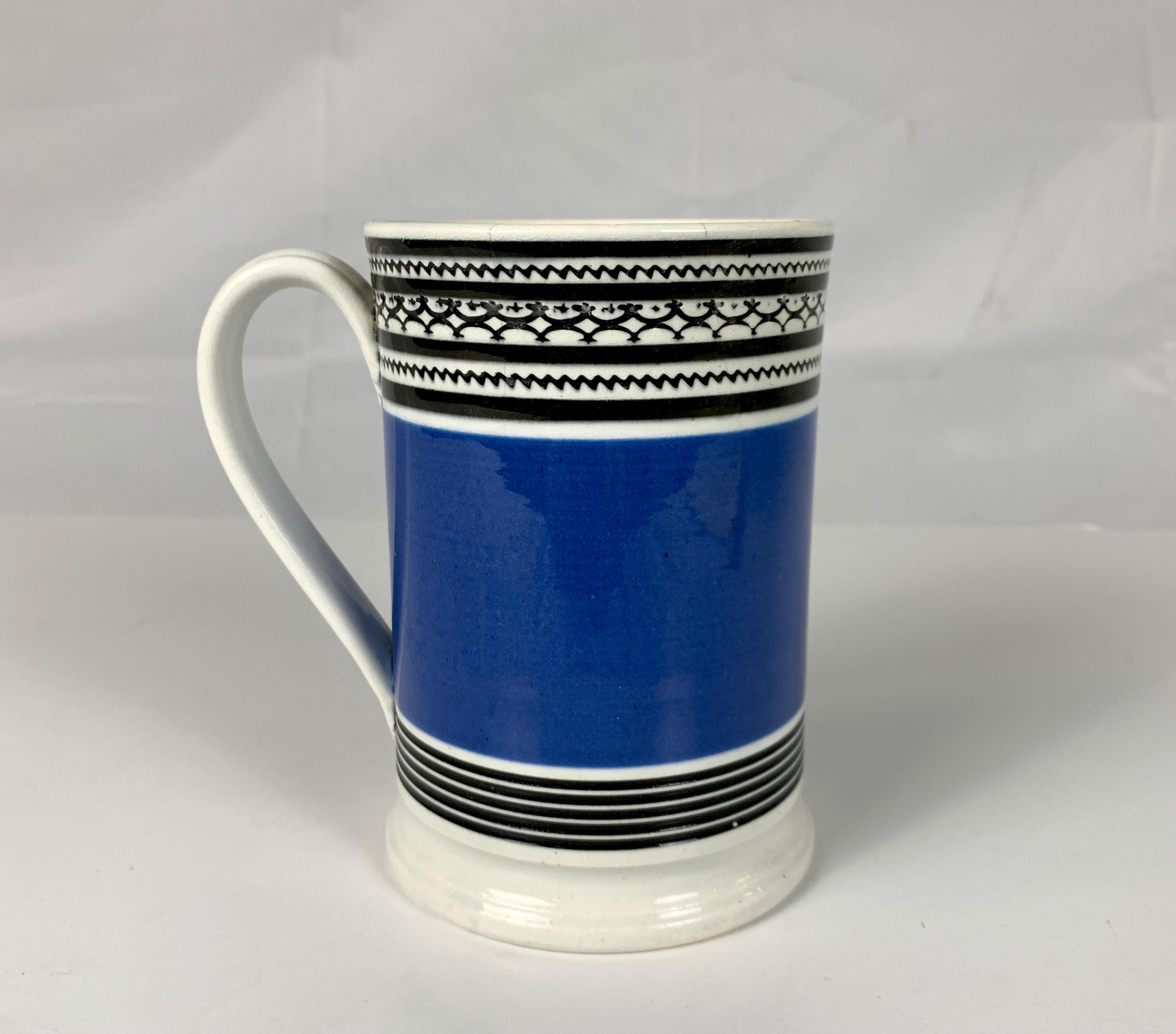 19th Century Mochaware Mug with Royal Blue Slip and Black Geometric Designs Made England