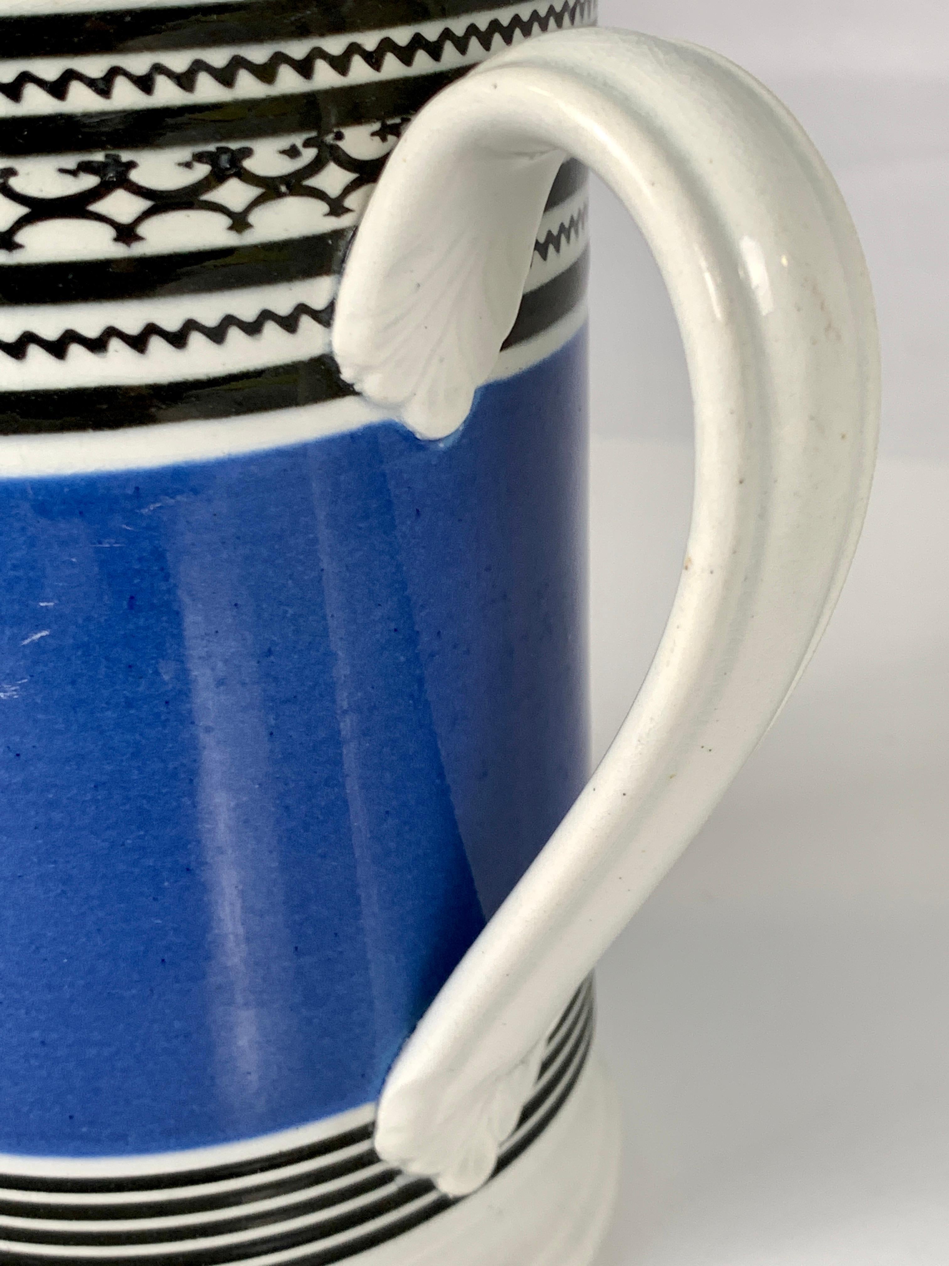 Pearlware Mochaware Mug with Royal Blue Slip and Black Geometric Designs Made England