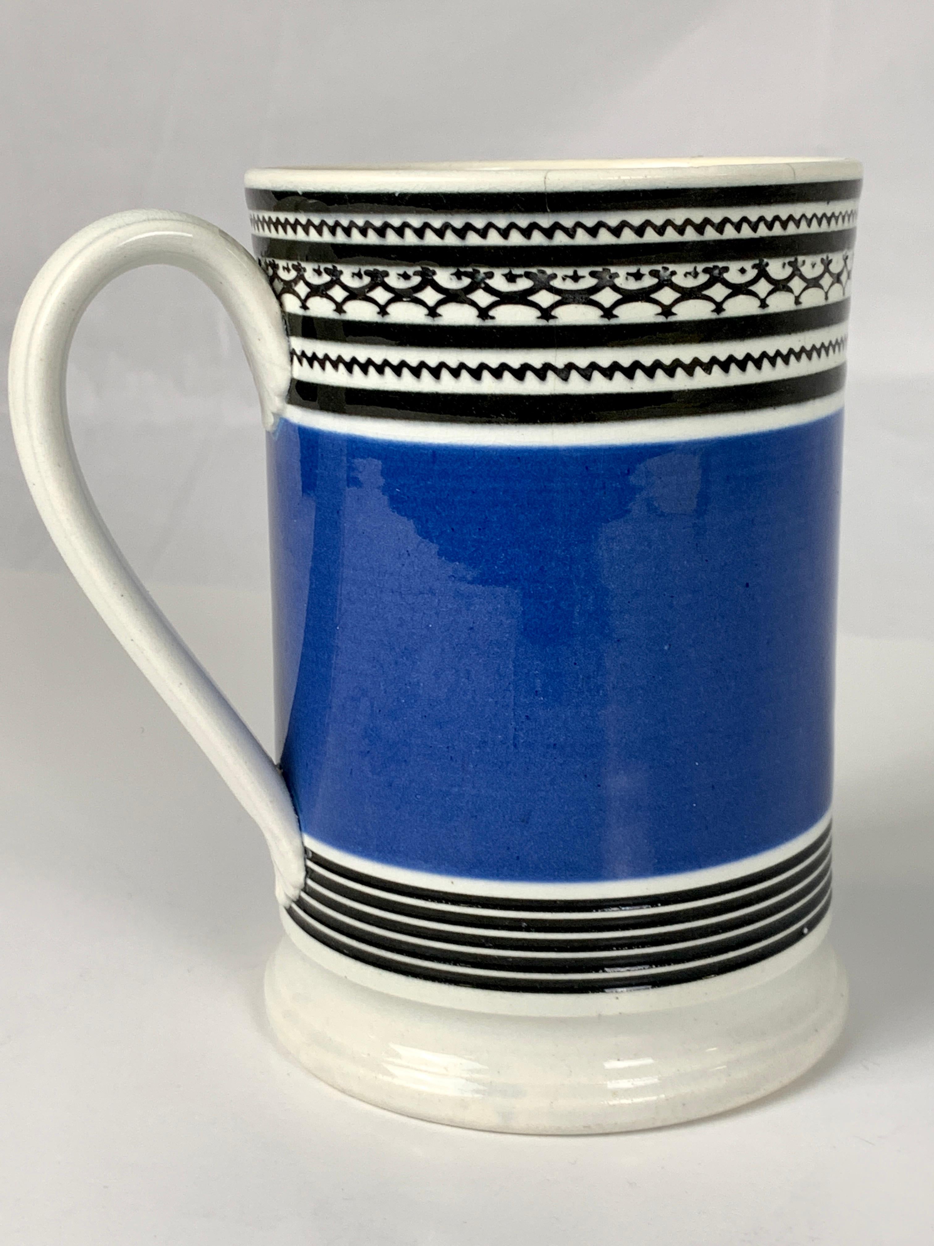 Mochaware Mug with Royal Blue Slip and Black Geometric Designs Made England 1