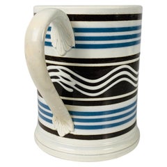 Antique Mochaware Mug with White Trailed Slip in Wavy Lines & Blue & Black Stripes