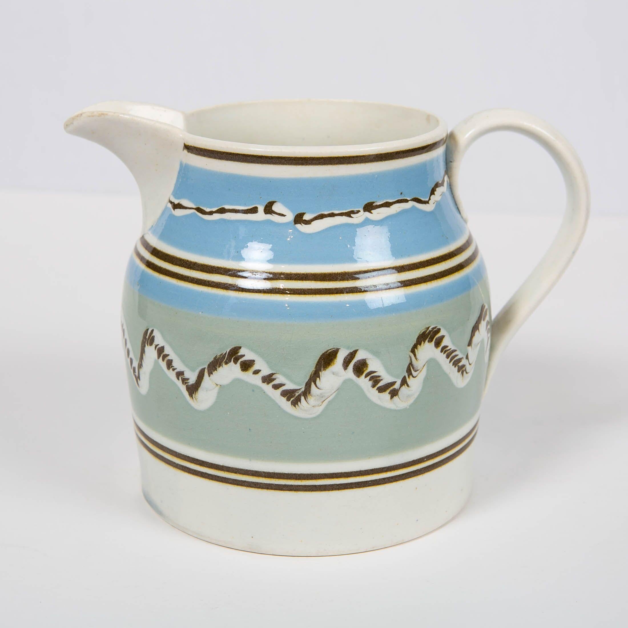 American Colonial Mochaware Pitcher Made of Pearl-Glazed Creamware in England, circa 1820