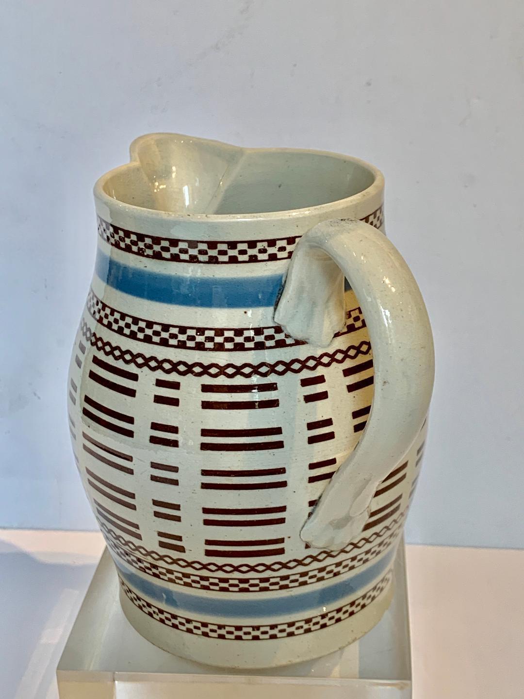 English Mochaware Pitcher with Baby Blue and Black Slip Decoration, England, circa 1815