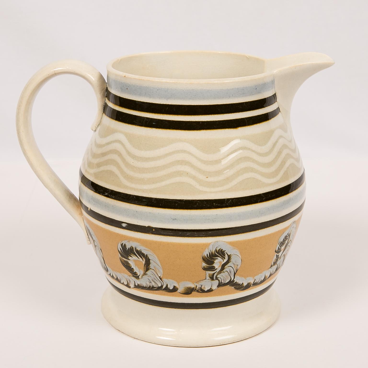 Mochaware Pitcher with Cable and Wavy Line Decoration 3