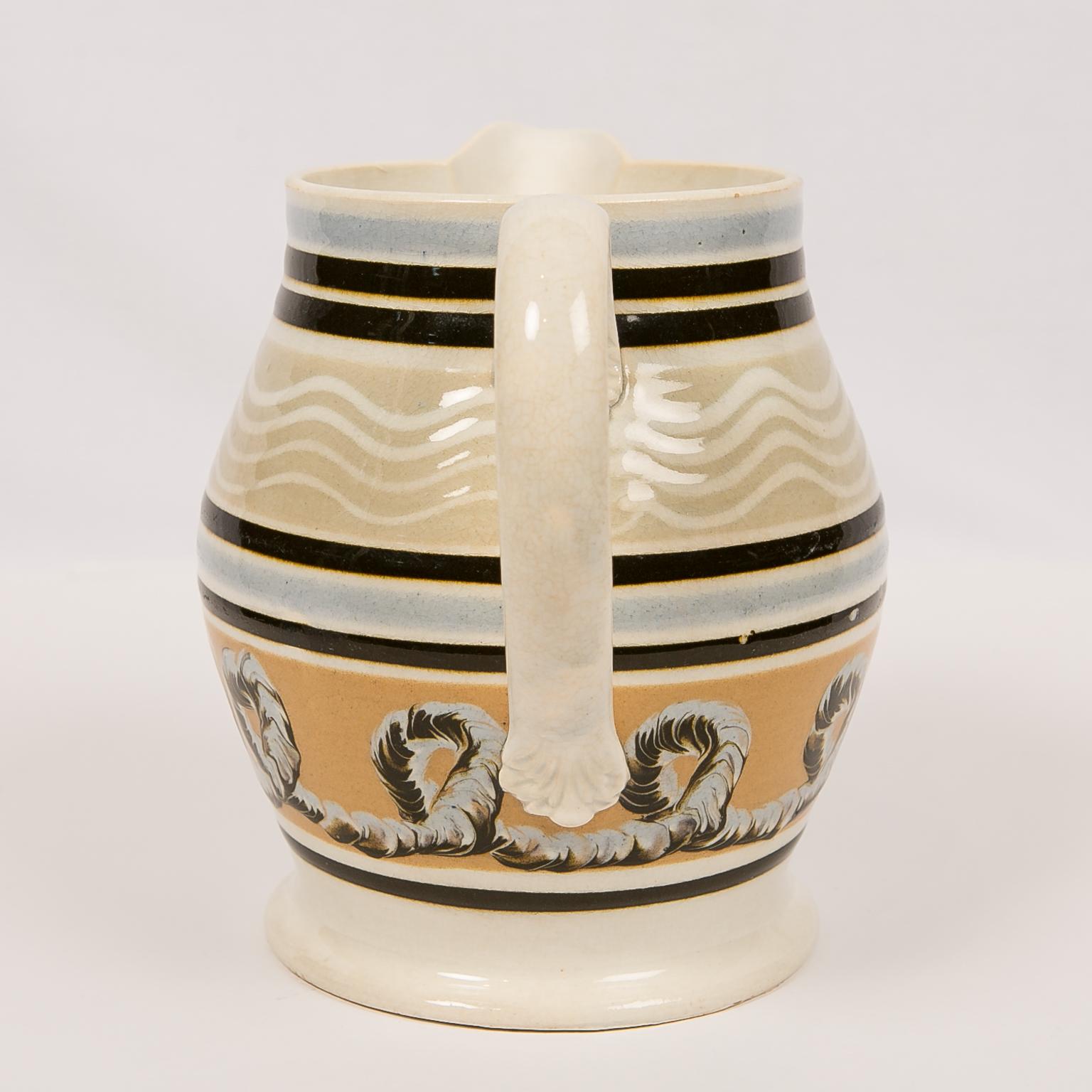 19th Century Mochaware Pitcher with Cable and Wavy Line Decoration