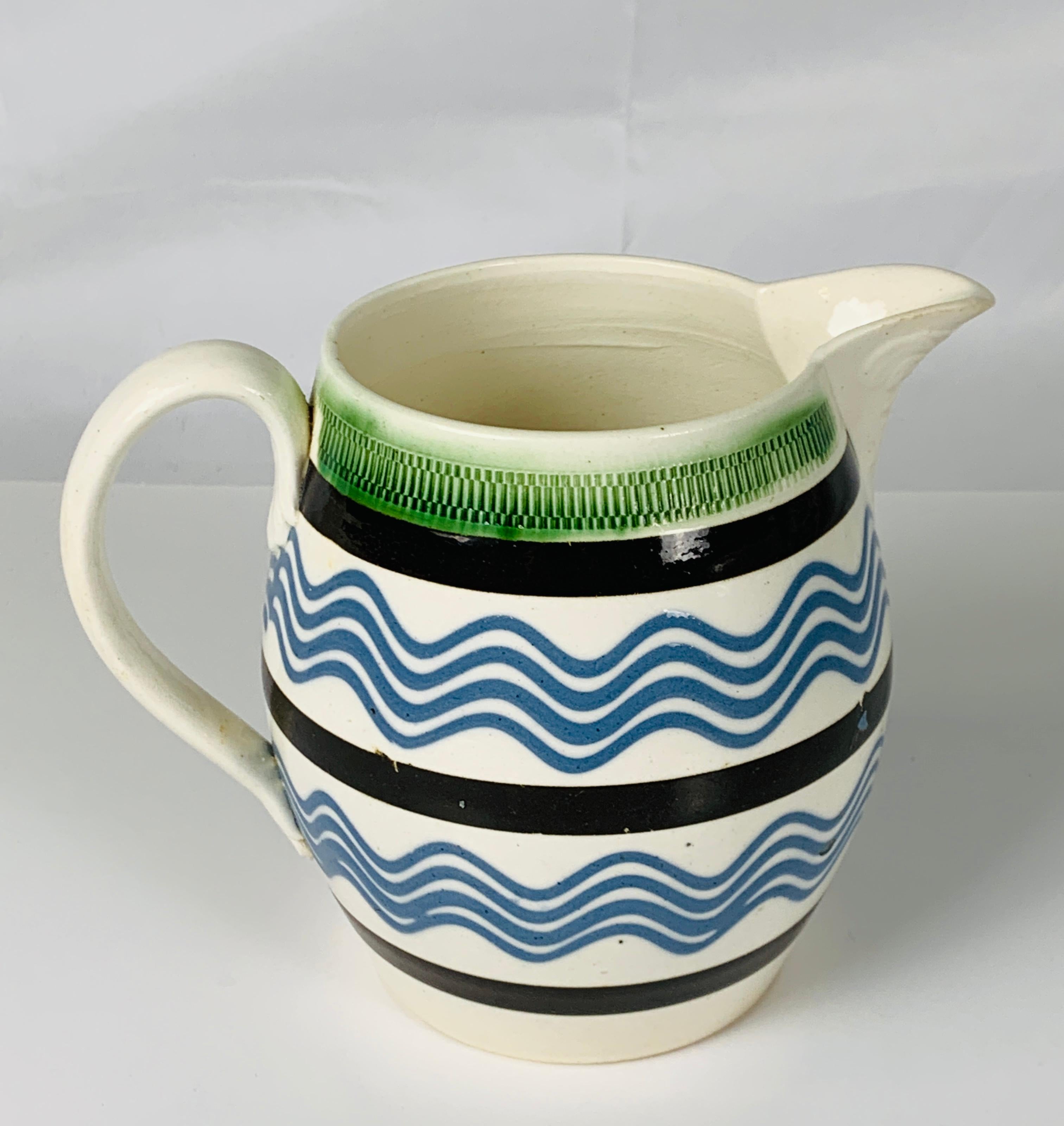 English Mochaware Pitcher with Sky-Blue Trailed Slip Lines