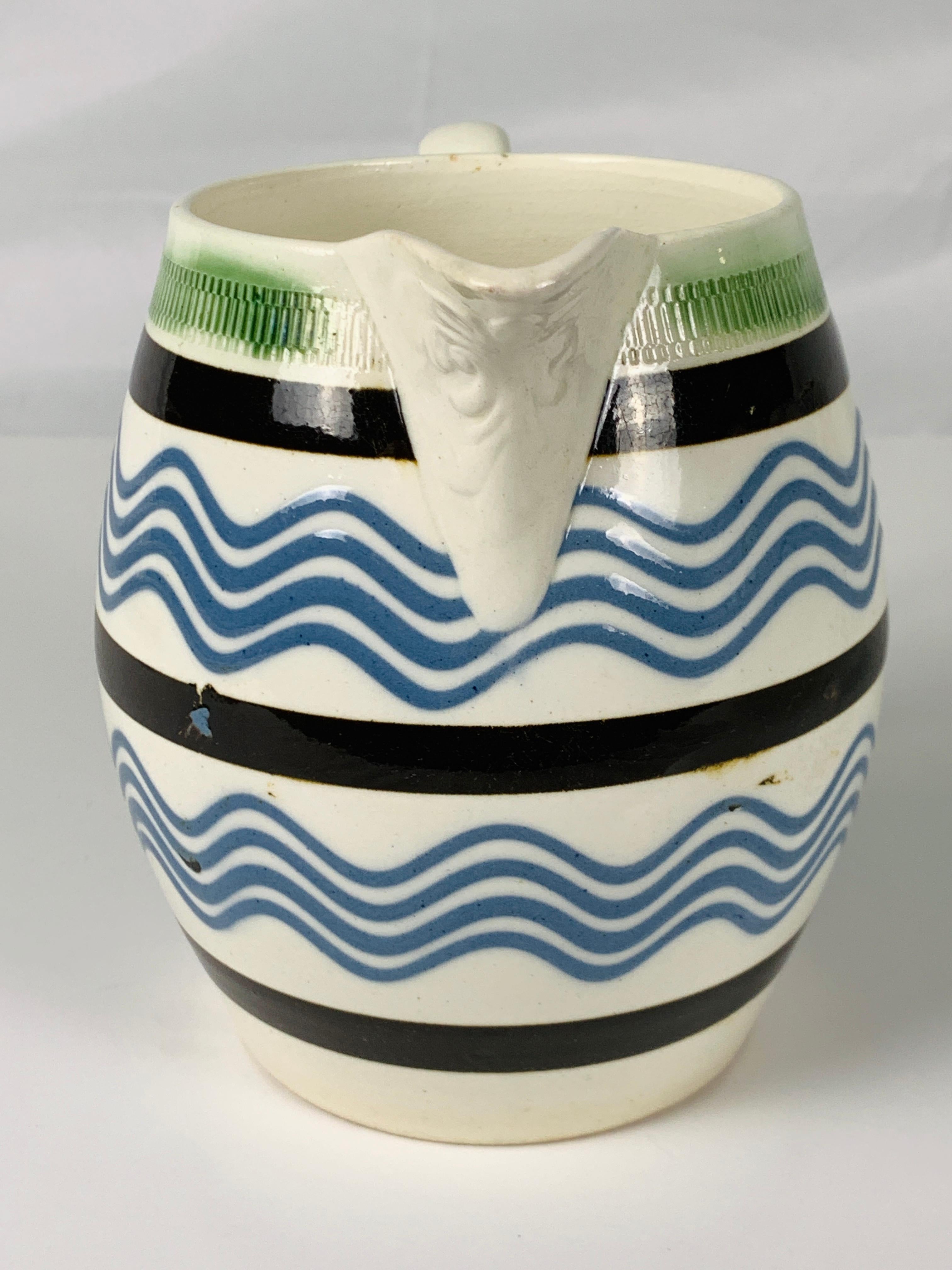 19th Century Mochaware Pitcher with Sky-Blue Trailed Slip Lines