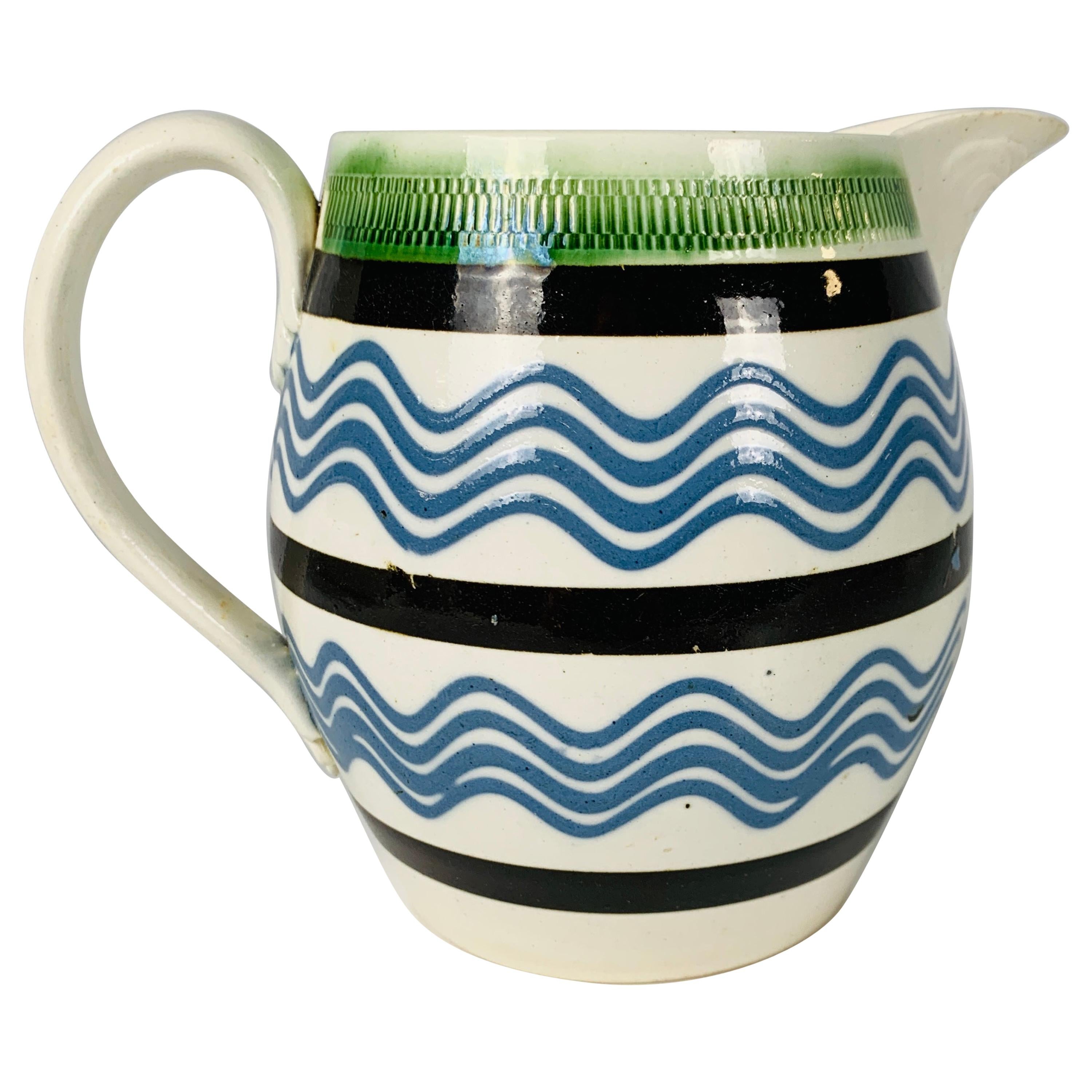 Mochaware Pitcher with Sky-Blue Trailed Slip Lines