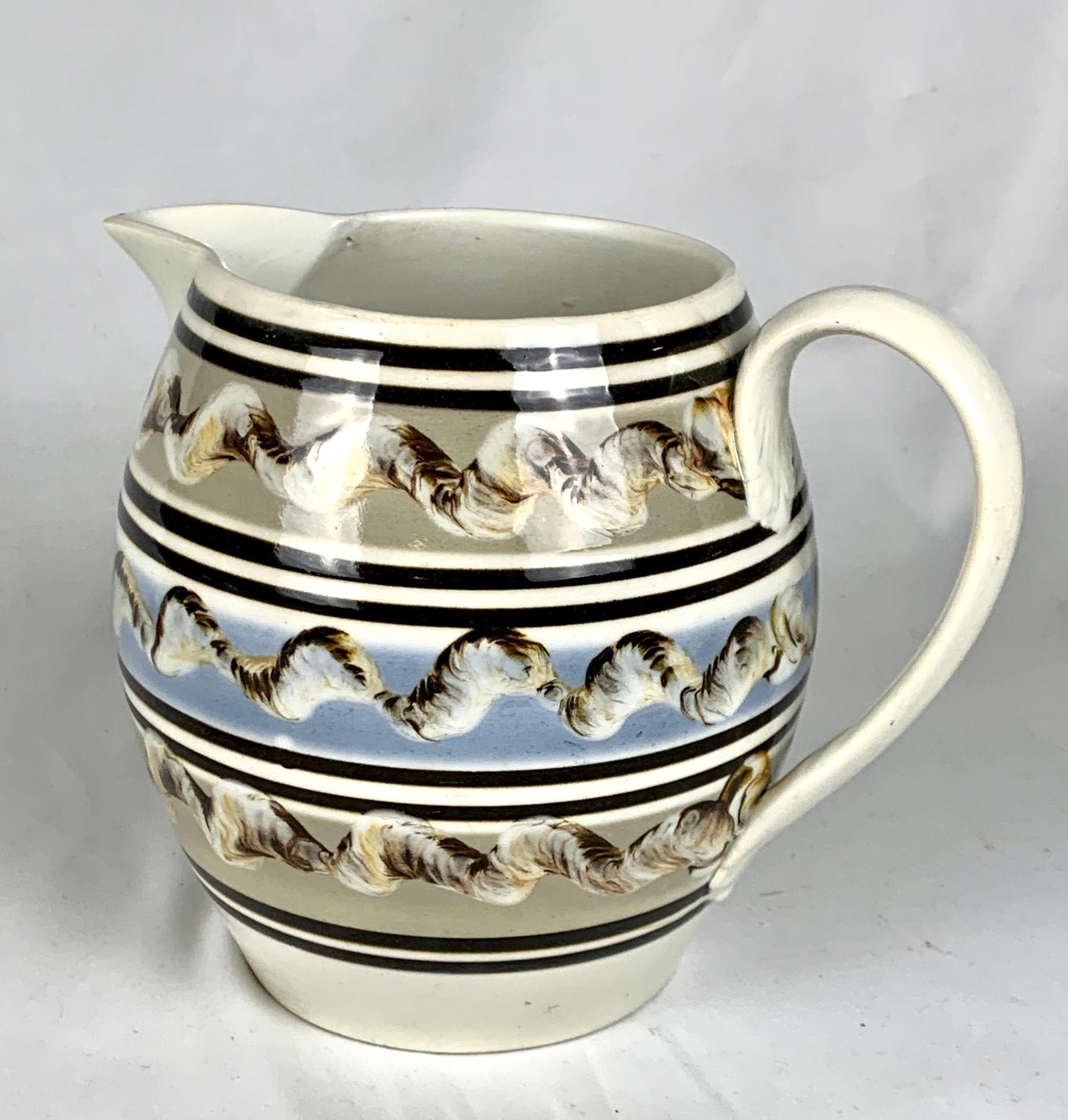 Mochaware Pitcher with Three Cable Decoration England Circa 1830 In Excellent Condition In Katonah, NY