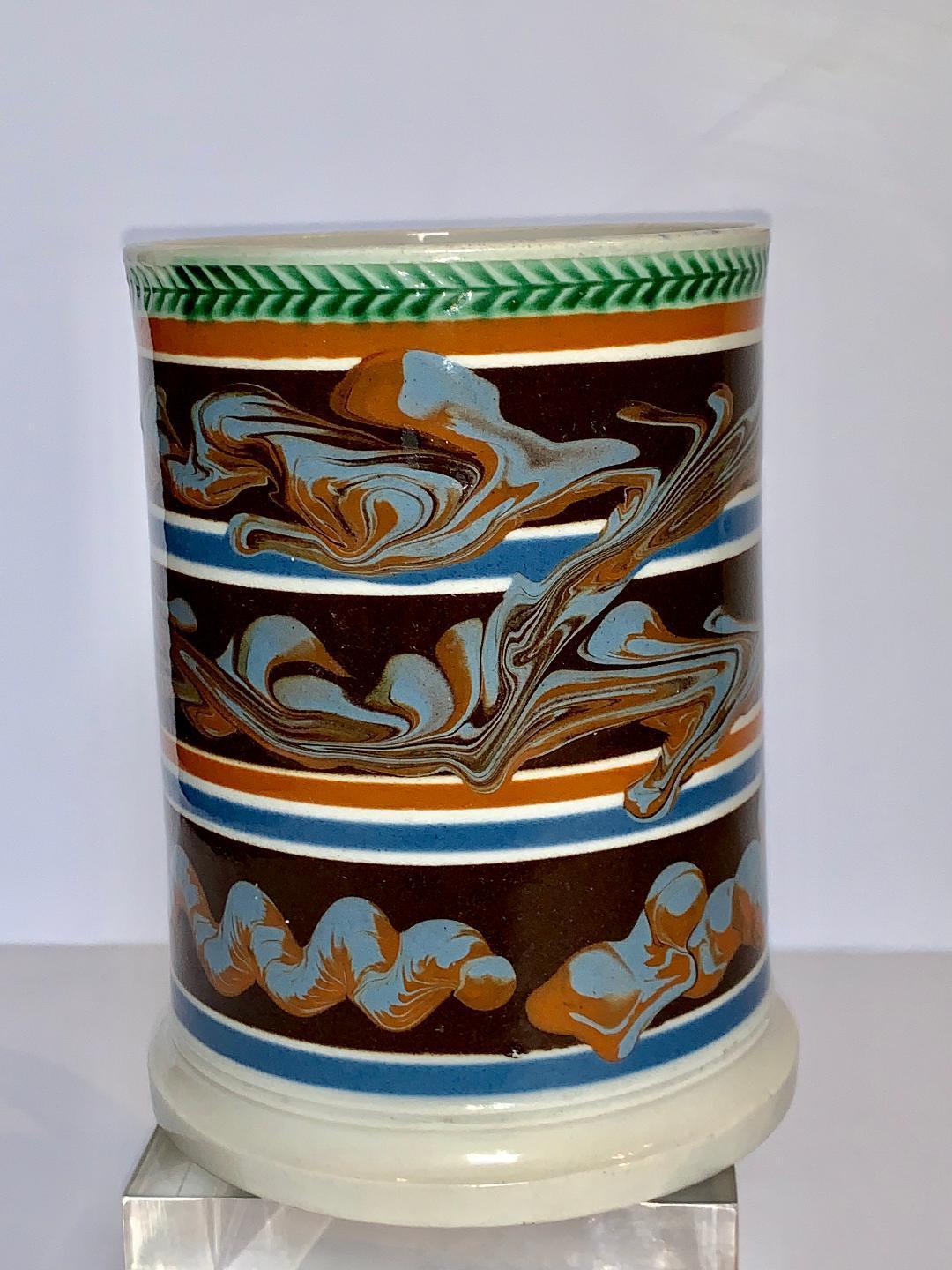 Glazed Mochaware Quart Mug Decorated with Three Lines of Cable England, circa 1840