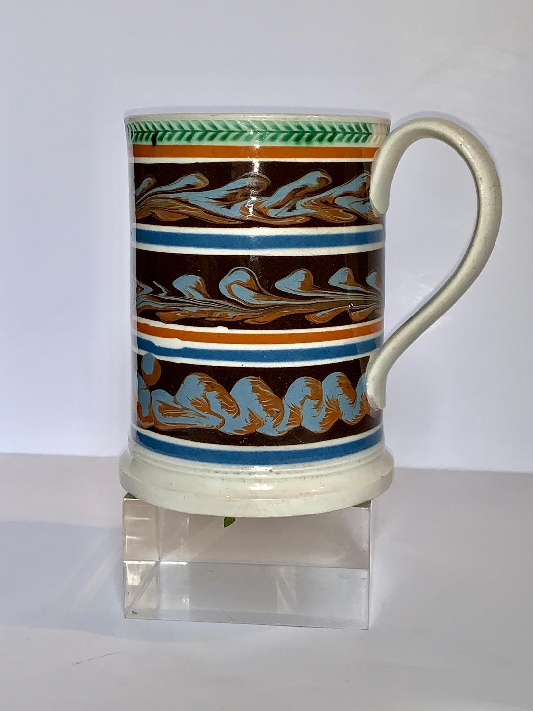 Mochaware Quart Mug Decorated with Three Lines of Cable England, circa 1840 In Excellent Condition In Katonah, NY
