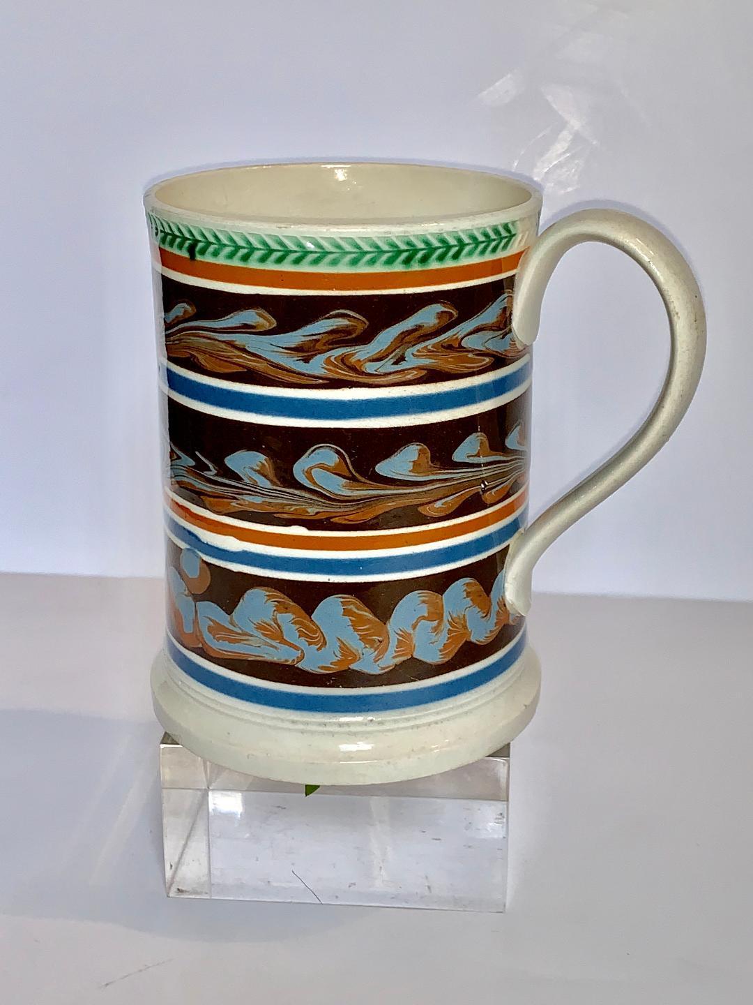 19th Century Mochaware Quart Mug Decorated with Three Lines of Cable England, circa 1840