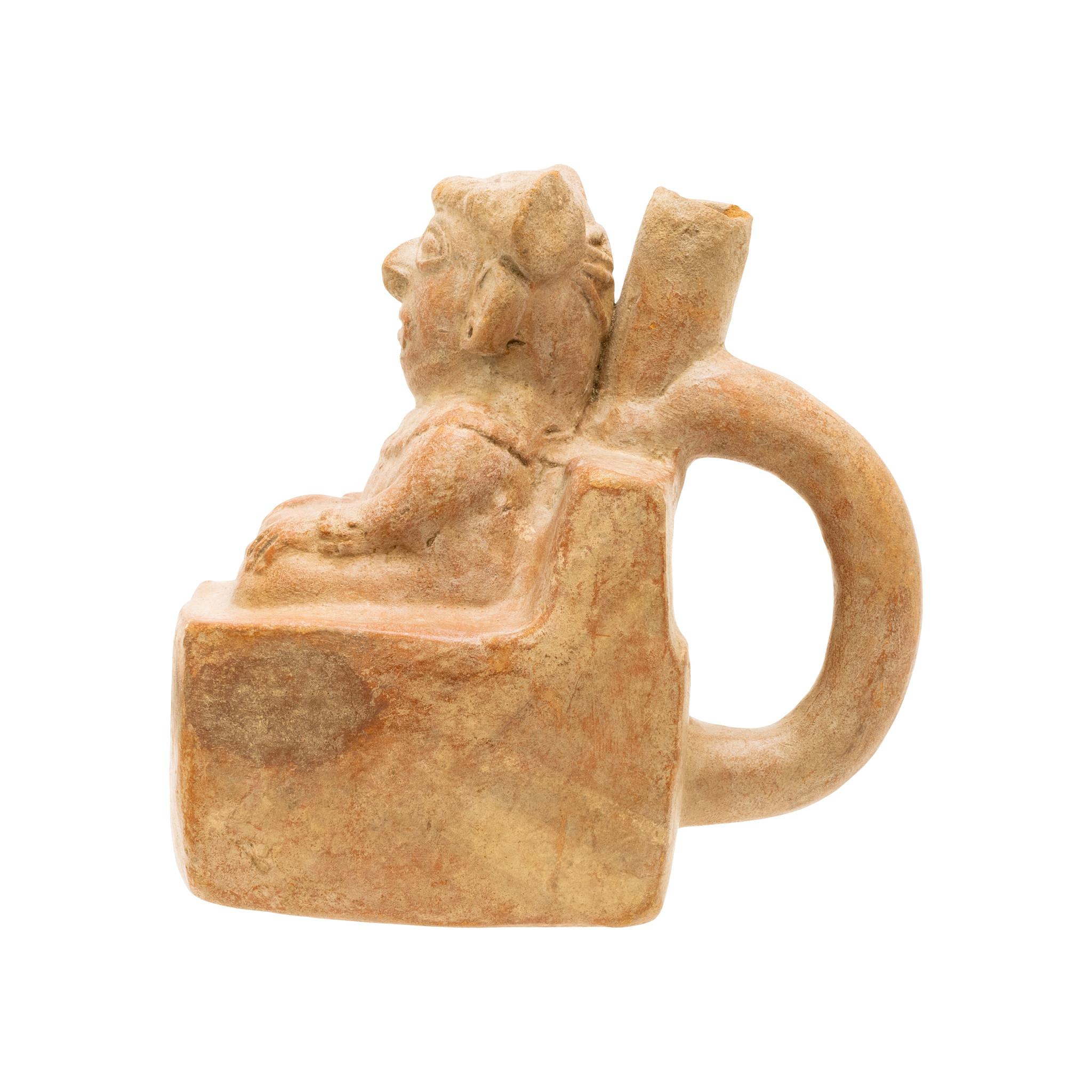 Moche Red Ware Pottery Vessel with man figure. Moche Horizon of Peru, Circa 450 - 550 CE. In overall good condition, some chipping around the mouth of the narrow spout, and there’s a small spiderweb push on the back of the jar that appears to have