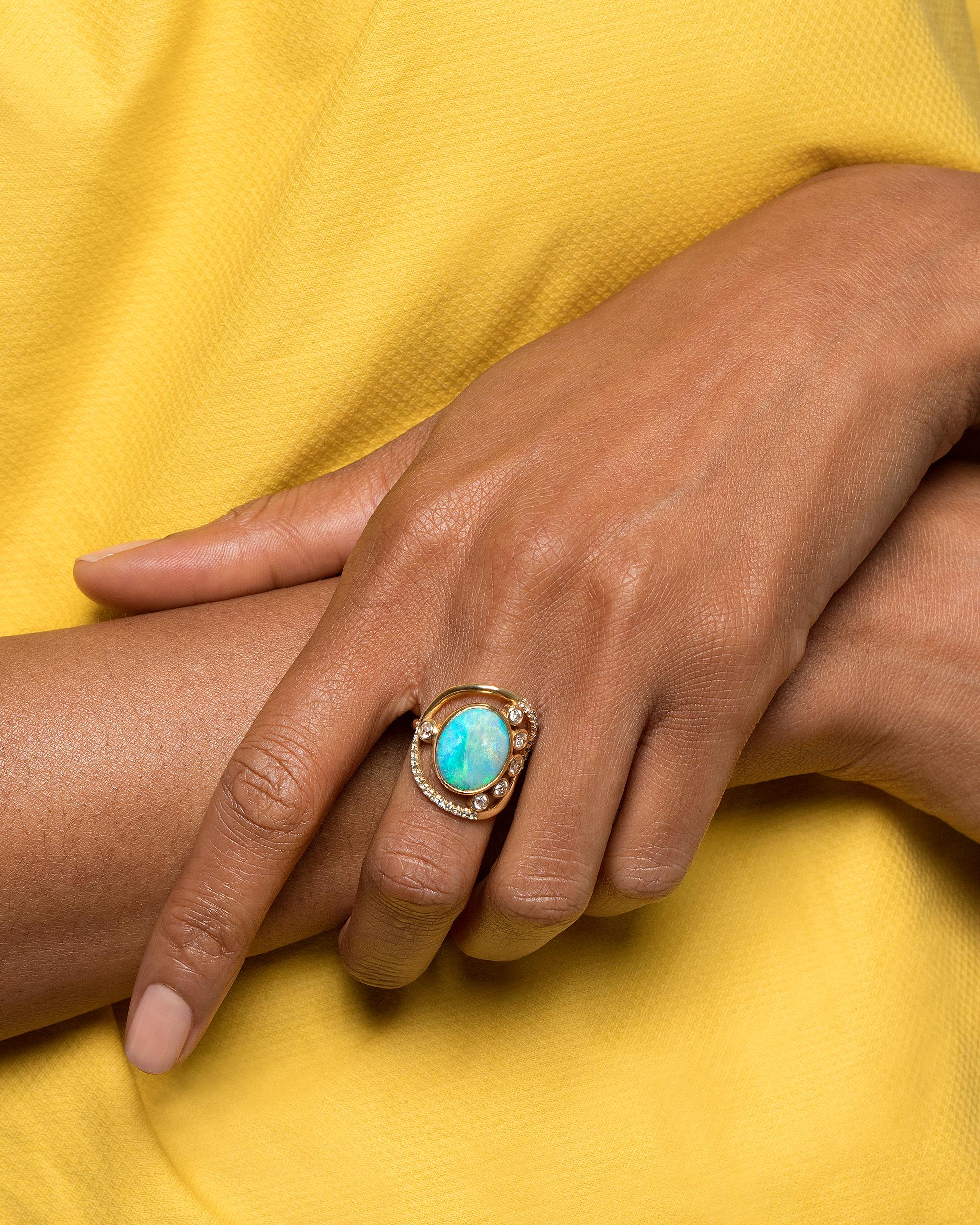 Mociun Australian Opal, Diamond & Sapphire Ring In New Condition For Sale In Brooklyn, NY