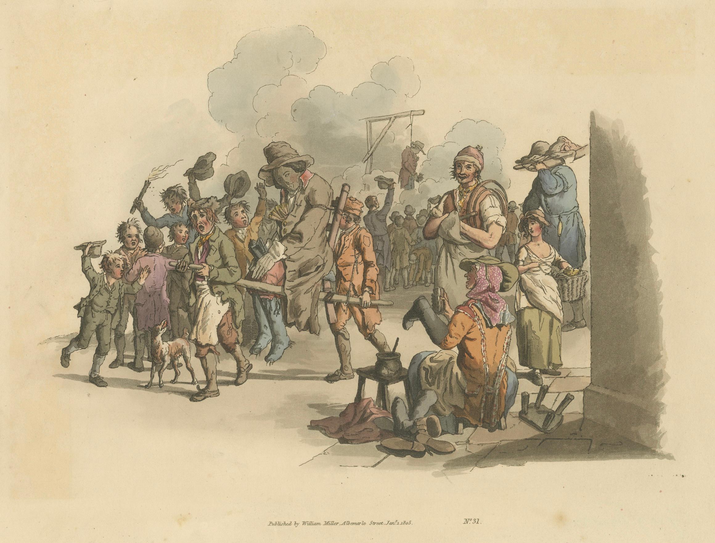 La fausse procession de Guy Fawkes : Aquatinte coloriée à la main par William Henry Pyne

Cette aquatinte captivante de William Henry Pyne, publiée par William Miller, offre une représentation vivante d'une scène de rue qui peut être reliée à la