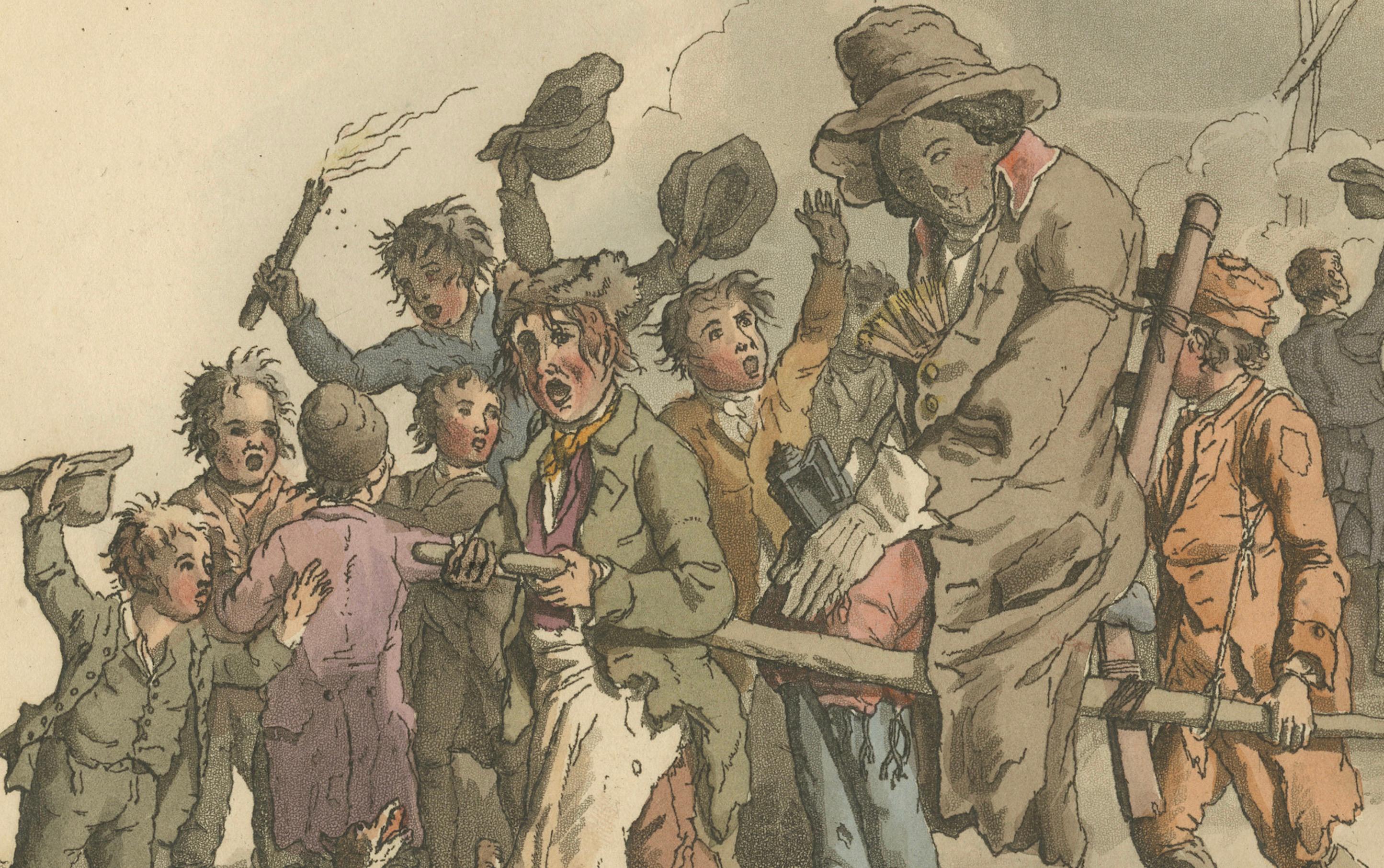 Procession de Guy Fawkes : une aquatinte colorée à la main de William Pyne, 1805 Bon état - En vente à Langweer, NL