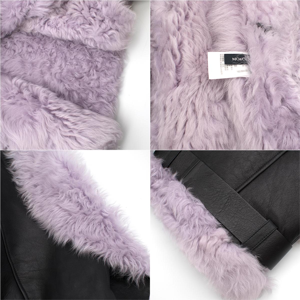 MO&Co. Black Leather Jacket with Lilac Shearling Lining SIZE S 3
