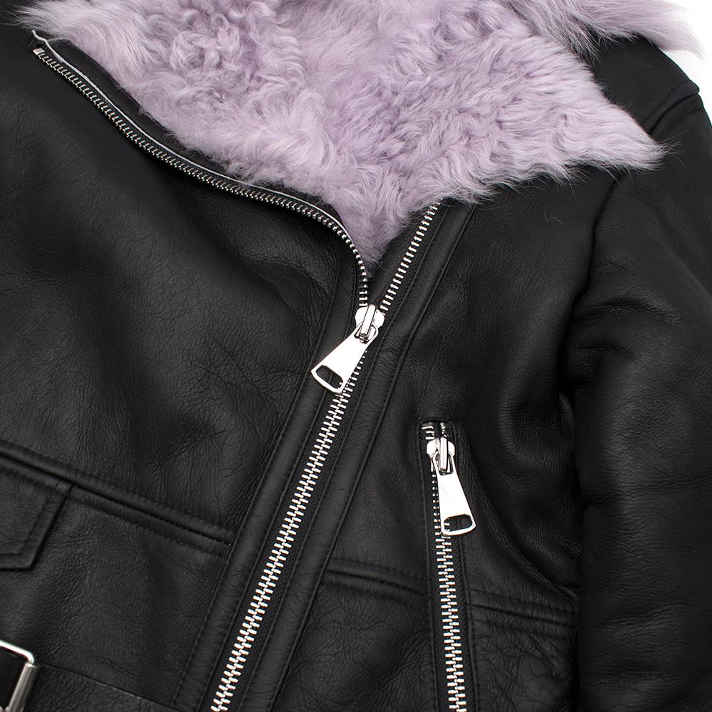 MO&Co. Black Leather Jacket with Lilac Shearling Lining SIZE S In Excellent Condition In London, GB