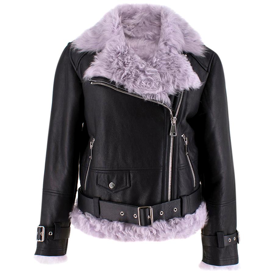 MO&Co. Black Leather Jacket with Lilac Shearling Lining SIZE S