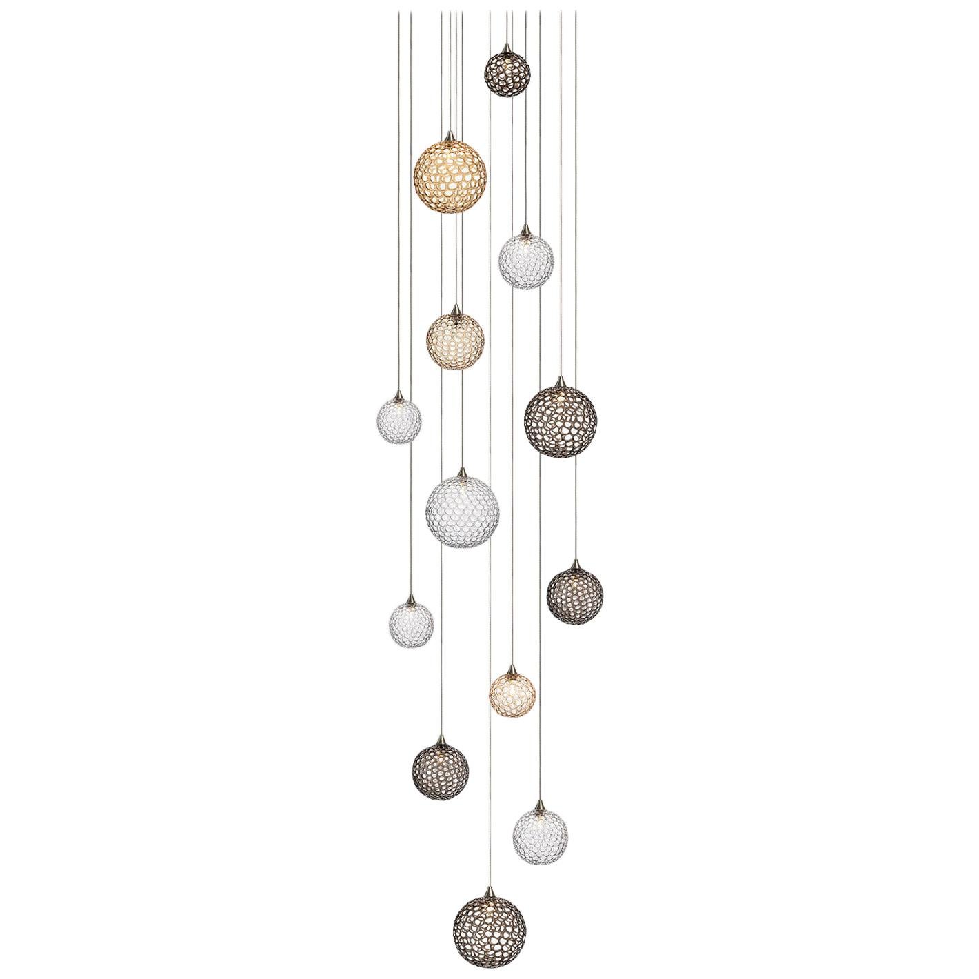 Mod 13,  Mixed Blown Glass Pendant Foyer Chandelier by Shakuff For Sale